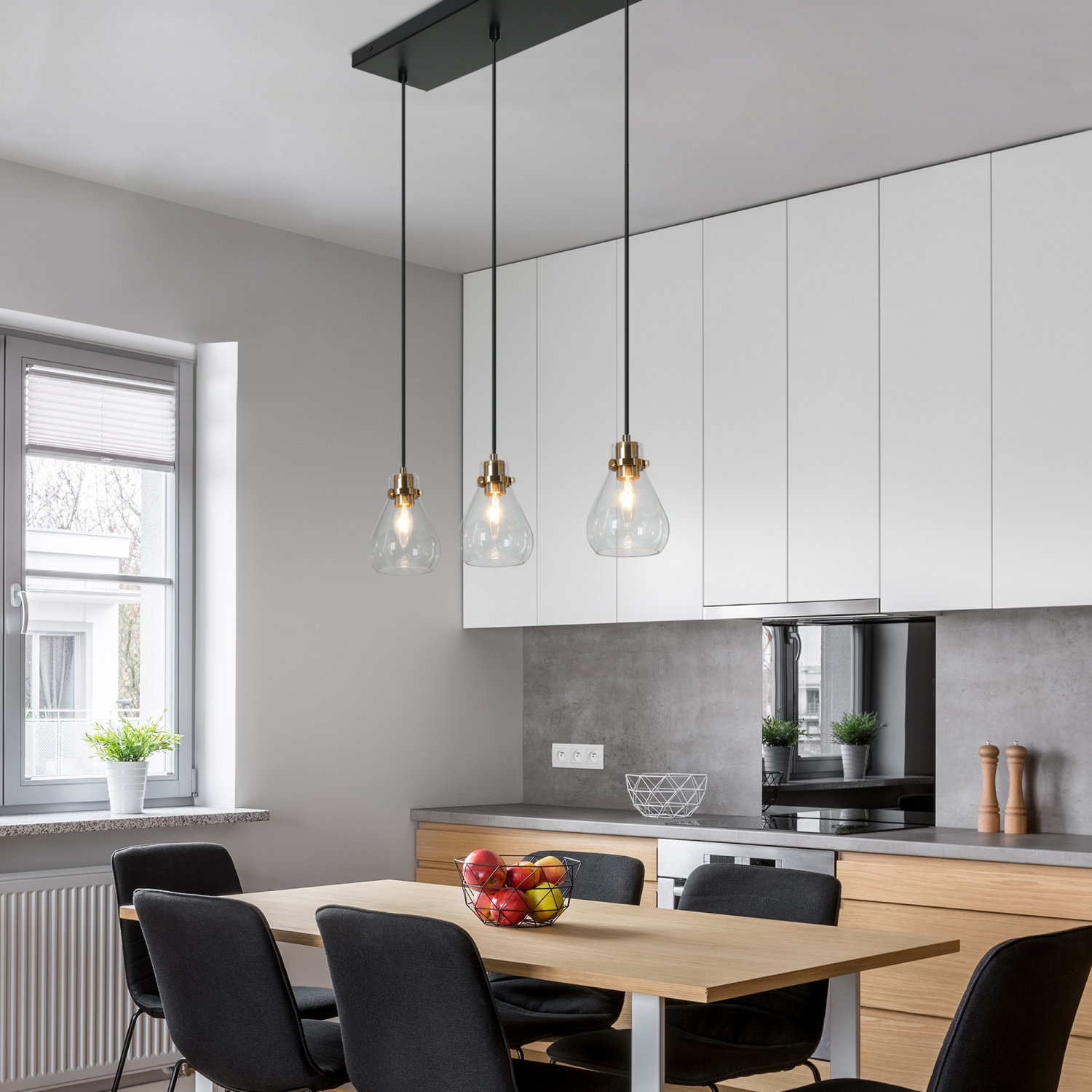 Modern Teardrop Kitchen Island Chandelier, 3-Light 22-in Brass Gold and Black in Bell Modern/Contemporary Clear Glass Linear LED Hanging Kitchen