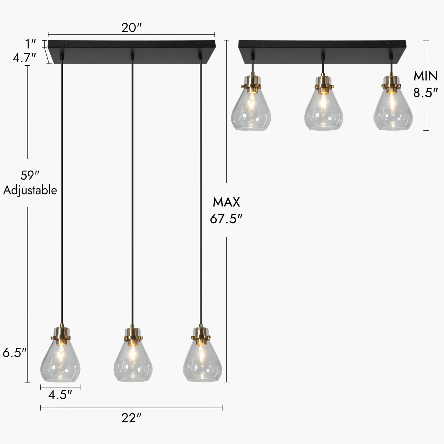 Modern Teardrop Kitchen Island Chandelier, 3-Light 22-in Brass Gold and Black in Bell Modern/Contemporary Clear Glass Linear LED Hanging Kitchen