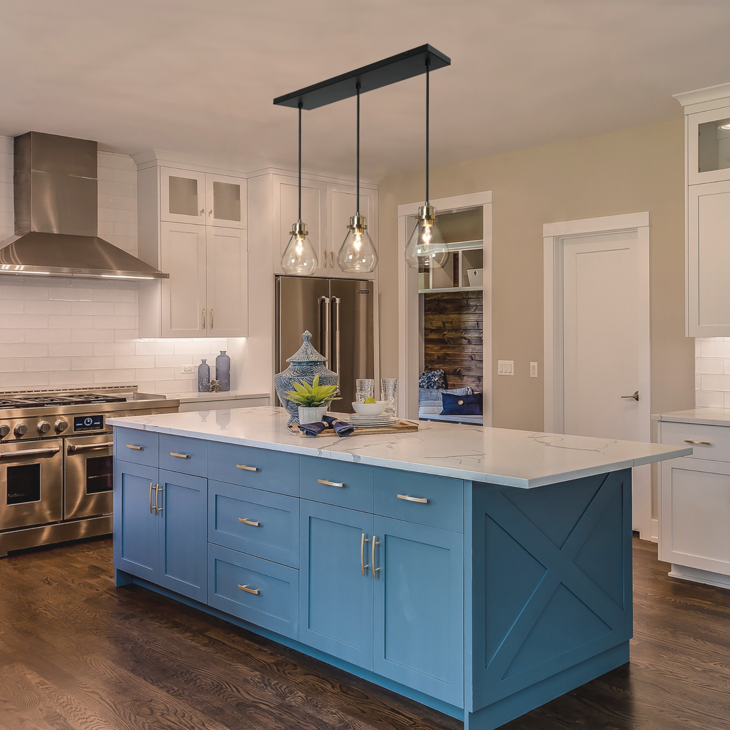 Modern Teardrop Kitchen Island Chandelier, 3-Light 22-in Brass Gold and Black in Bell Modern/Contemporary Clear Glass Linear LED Hanging Kitchen