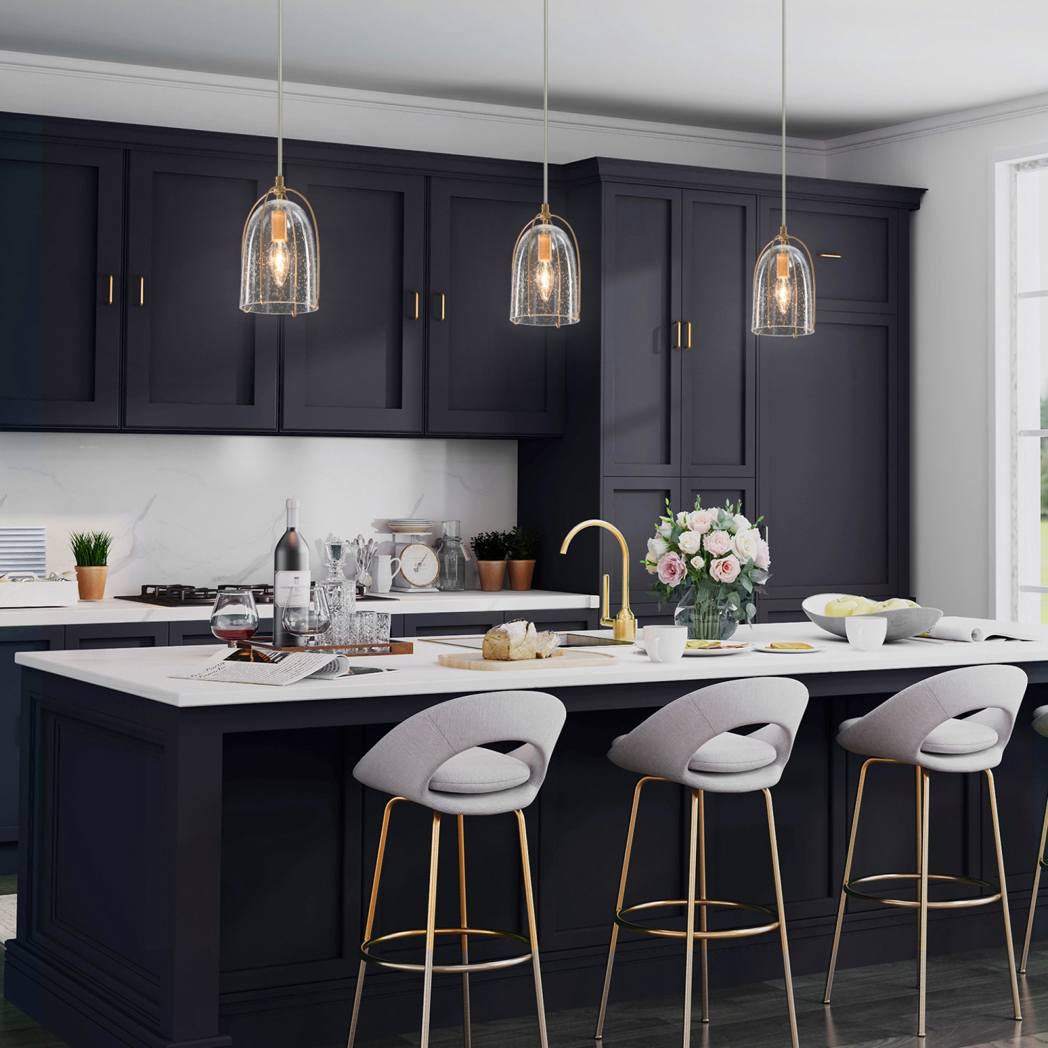 Lampe suspendue de salle à manger miniature, îlot de salle de bain à 1 lumières, abat-jour en verre bosselé, or moderne Bell