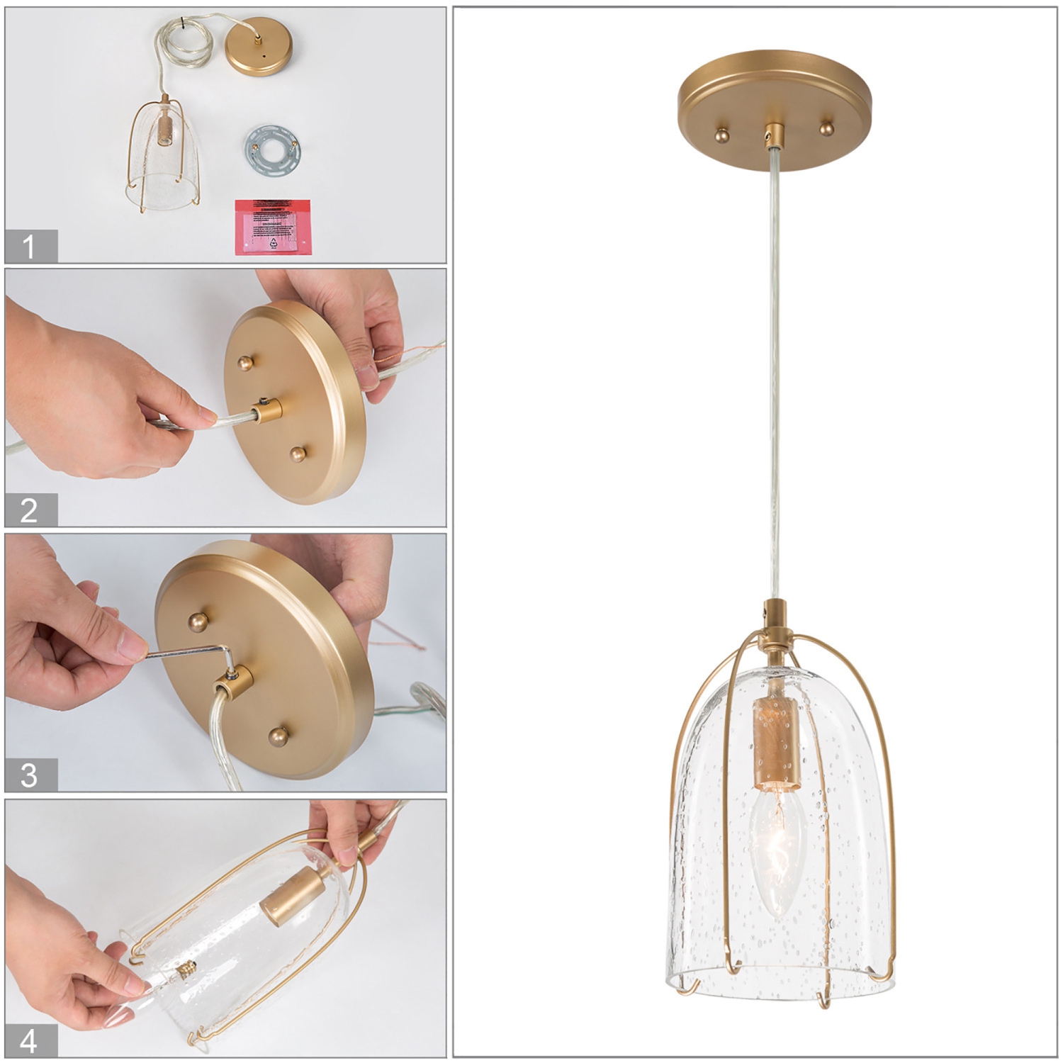 Lampe suspendue de salle à manger miniature, îlot de salle de bain à 1 lumières, abat-jour en verre bosselé, or moderne Bell