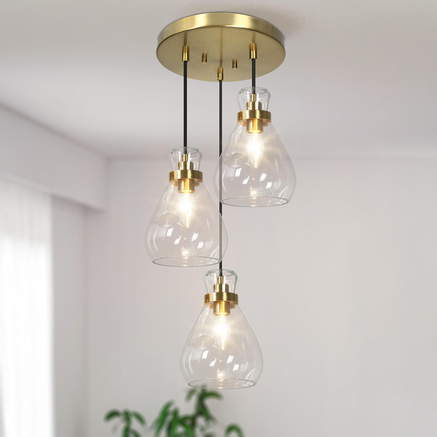 Modern Teardrop Kitchen Island Chandelier, 3-Light 16-in Brass Gold and Black with Clear Cup Glass Modern/Contemporary Clear Glass Linear LED Hanging