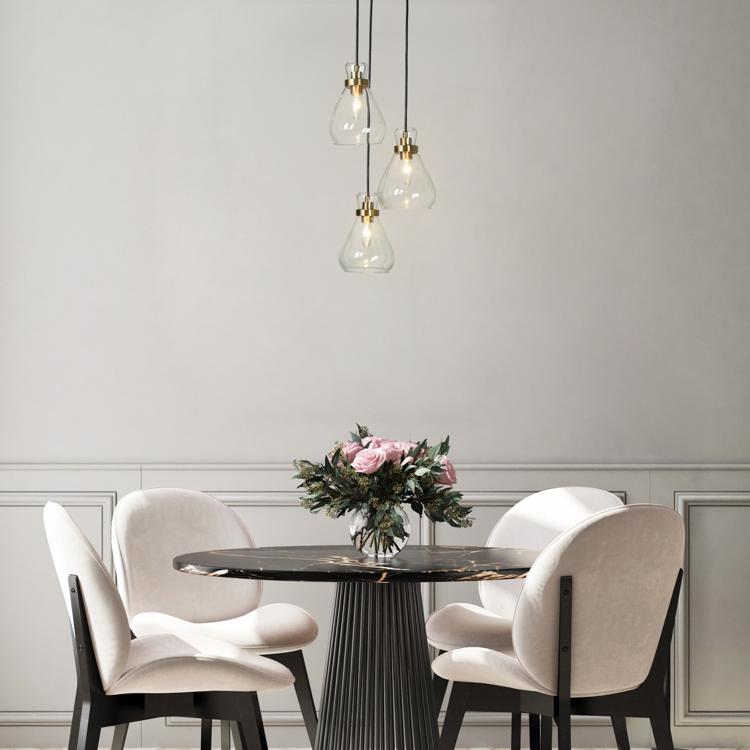 Modern Teardrop Kitchen Island Chandelier, 3-Light 16-in Brass Gold and Black with Clear Cup Glass Modern/Contemporary Clear Glass Linear LED Hanging