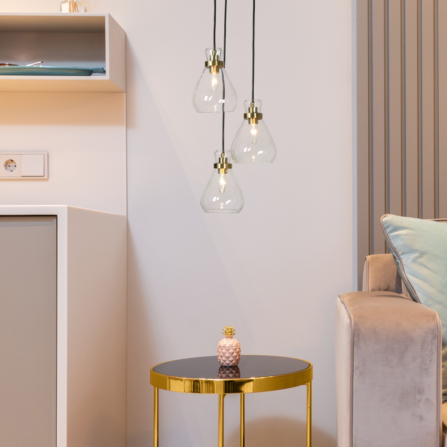 Modern Teardrop Kitchen Island Chandelier, 3-Light 16-in Brass Gold and Black with Clear Cup Glass Modern/Contemporary Clear Glass Linear LED Hanging