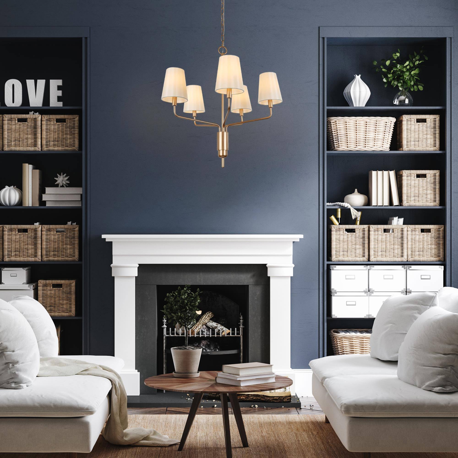 Modern Farmhouse Island Shaded Chandelier Light, 5-Light Gold Candlestick Bedroom Chandelier with Cone Fabric Shades