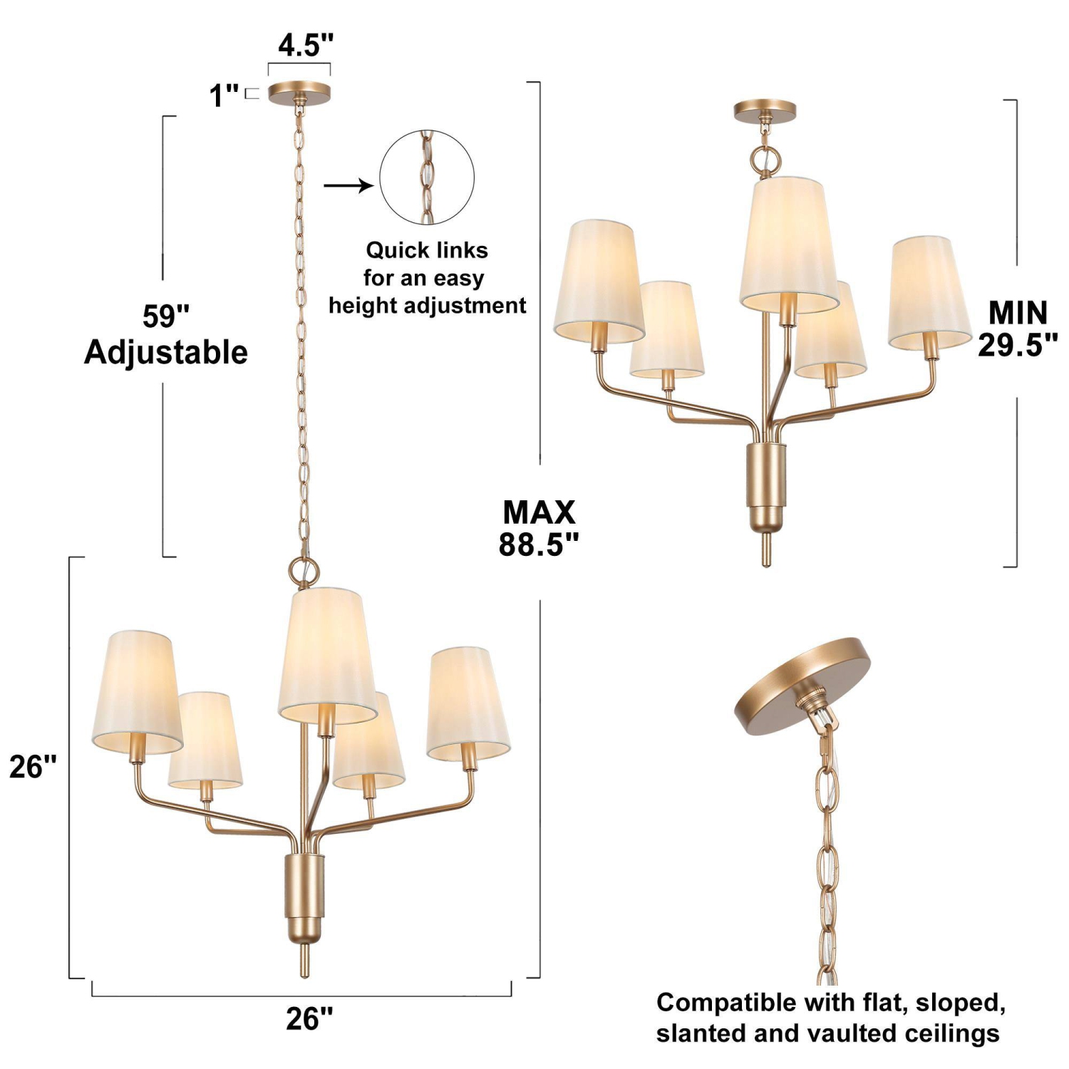 Modern Farmhouse Island Shaded Chandelier Light, 5-Light Gold Candlestick Bedroom Chandelier with Cone Fabric Shades