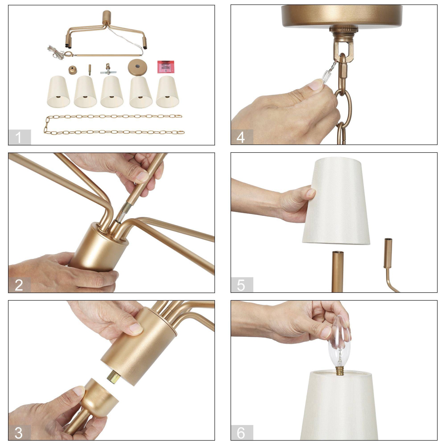 Modern Farmhouse Island Shaded Chandelier Light, 5-Light Gold Candlestick Bedroom Chandelier with Cone Fabric Shades