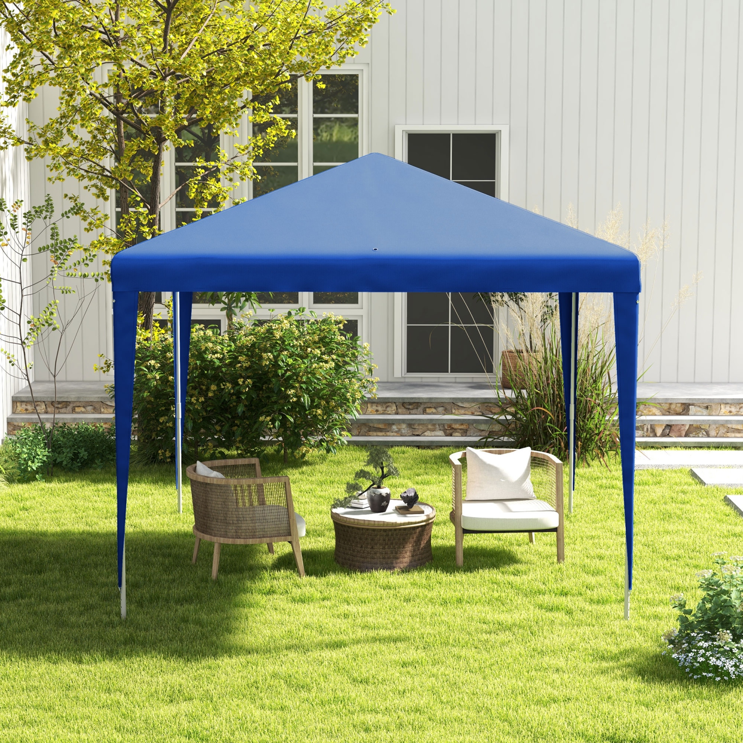 Abri de jardin portatif Outsunny, tente de fête, 9 x 9 pi, pour les mariages, pare-soleil d'extérieur avec pattes habillées, bleu