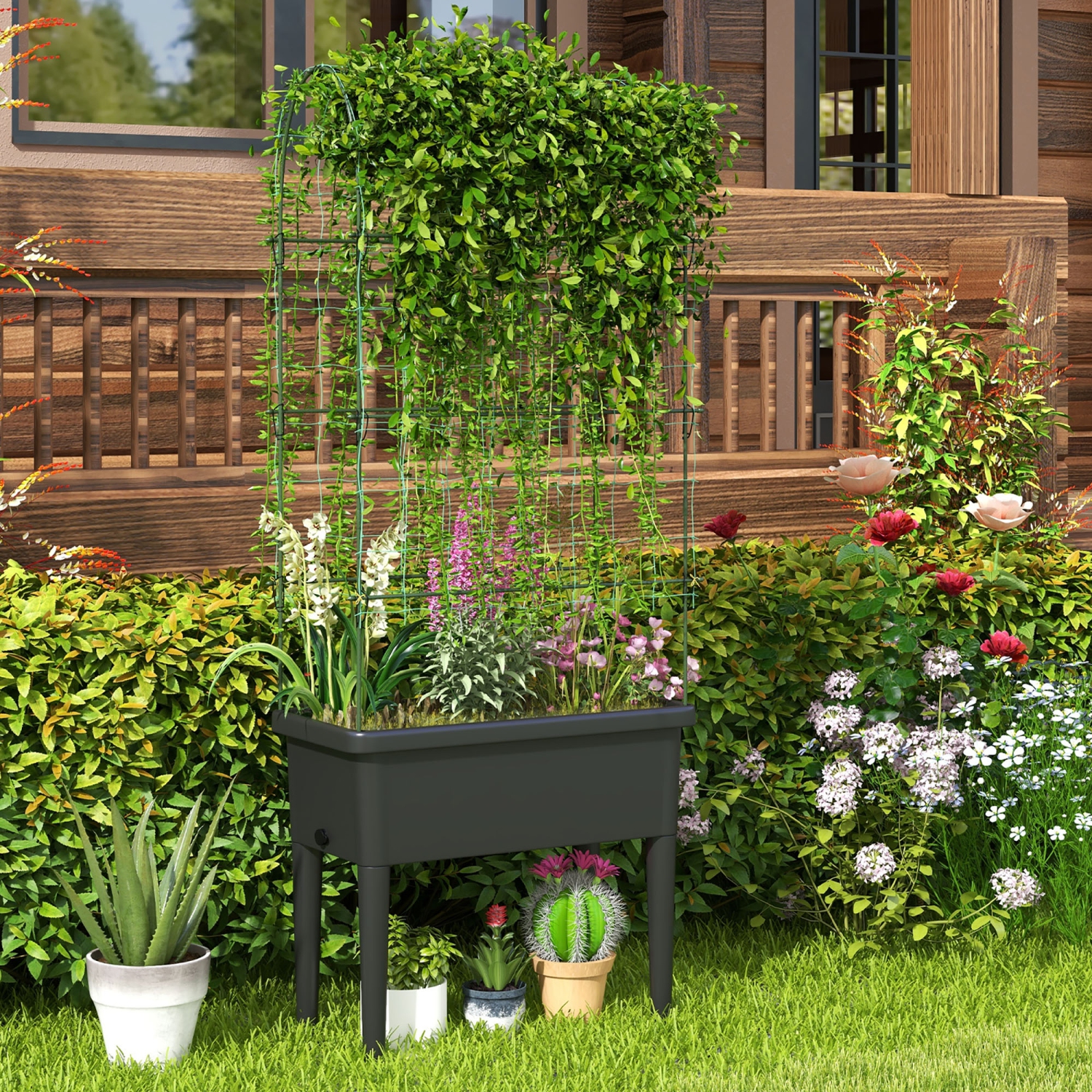 Gymax Raised Garden Bed w/ Trellis Water Level Observer Drainage Holes Climbing Net