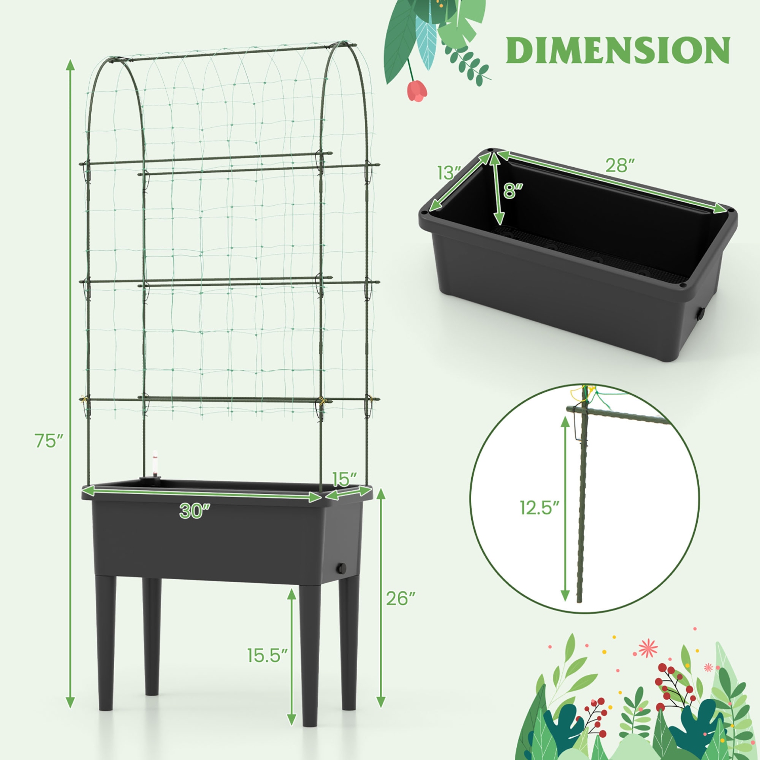 Gymax Raised Garden Bed w/ Trellis Water Level Observer Drainage Holes Climbing Net