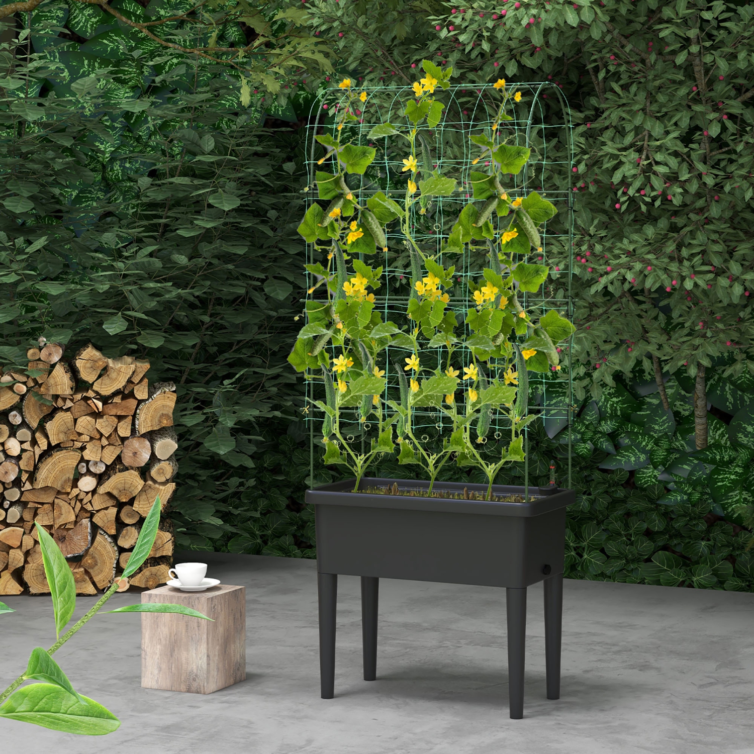 Gymax Raised Garden Bed w/ Trellis Water Level Observer Drainage Holes Climbing Net