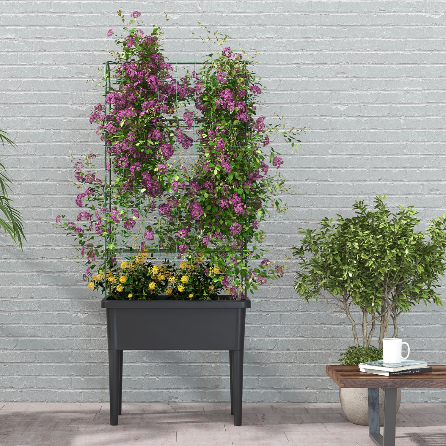 Gymax Raised Garden Bed w/ Trellis Water Level Observer Drainage Holes Climbing Net