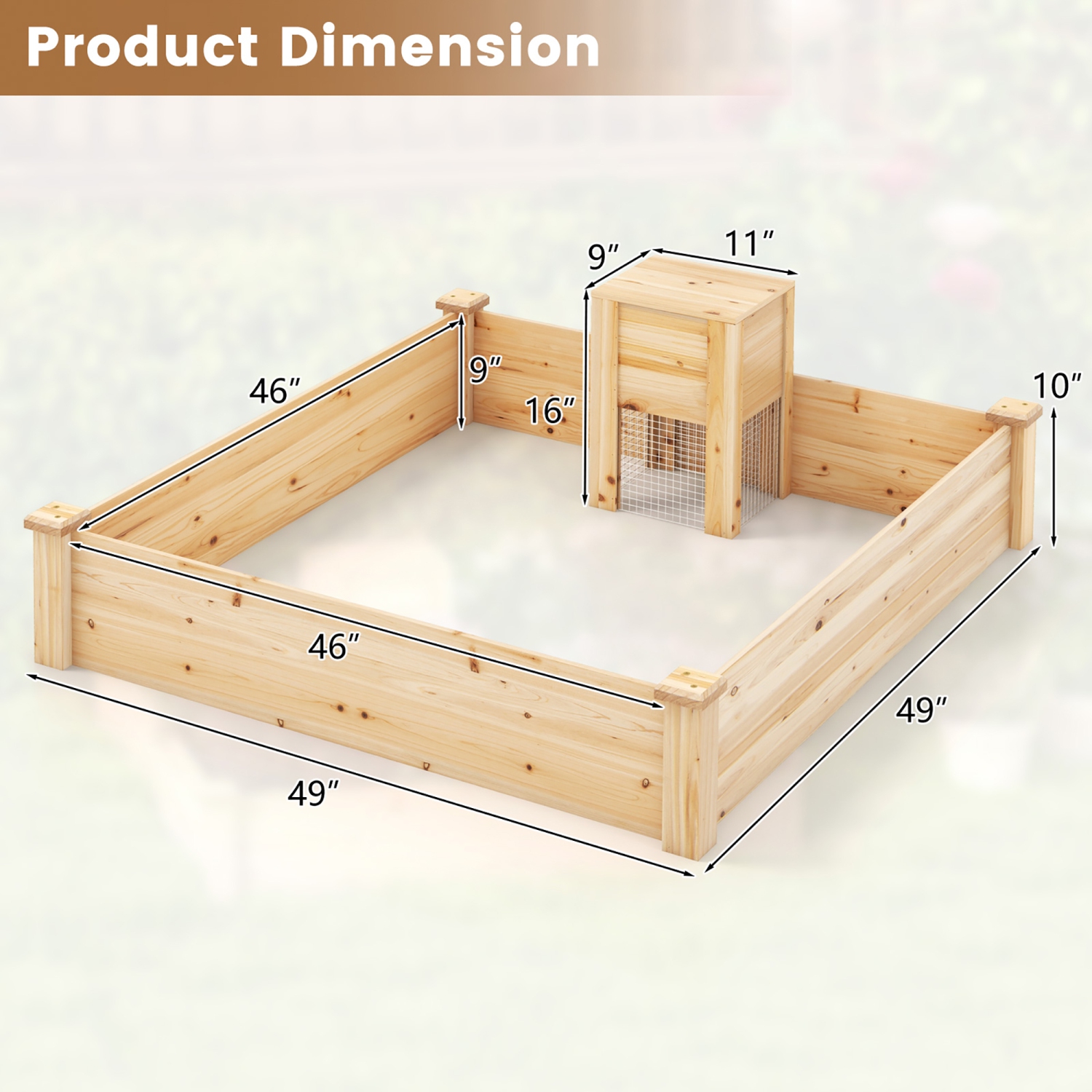 Gymax Raised Fir Wood Garden Bed 49" x 49" x 10" Open Base Garden Bed w/ Composting Bin
