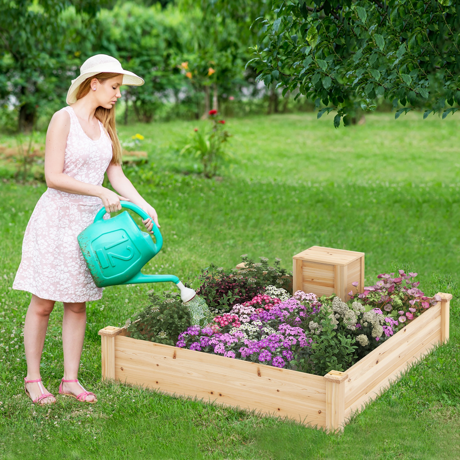 Gymax Raised Fir Wood Garden Bed 49" x 49" x 10" Open Base Garden Bed w/ Composting Bin