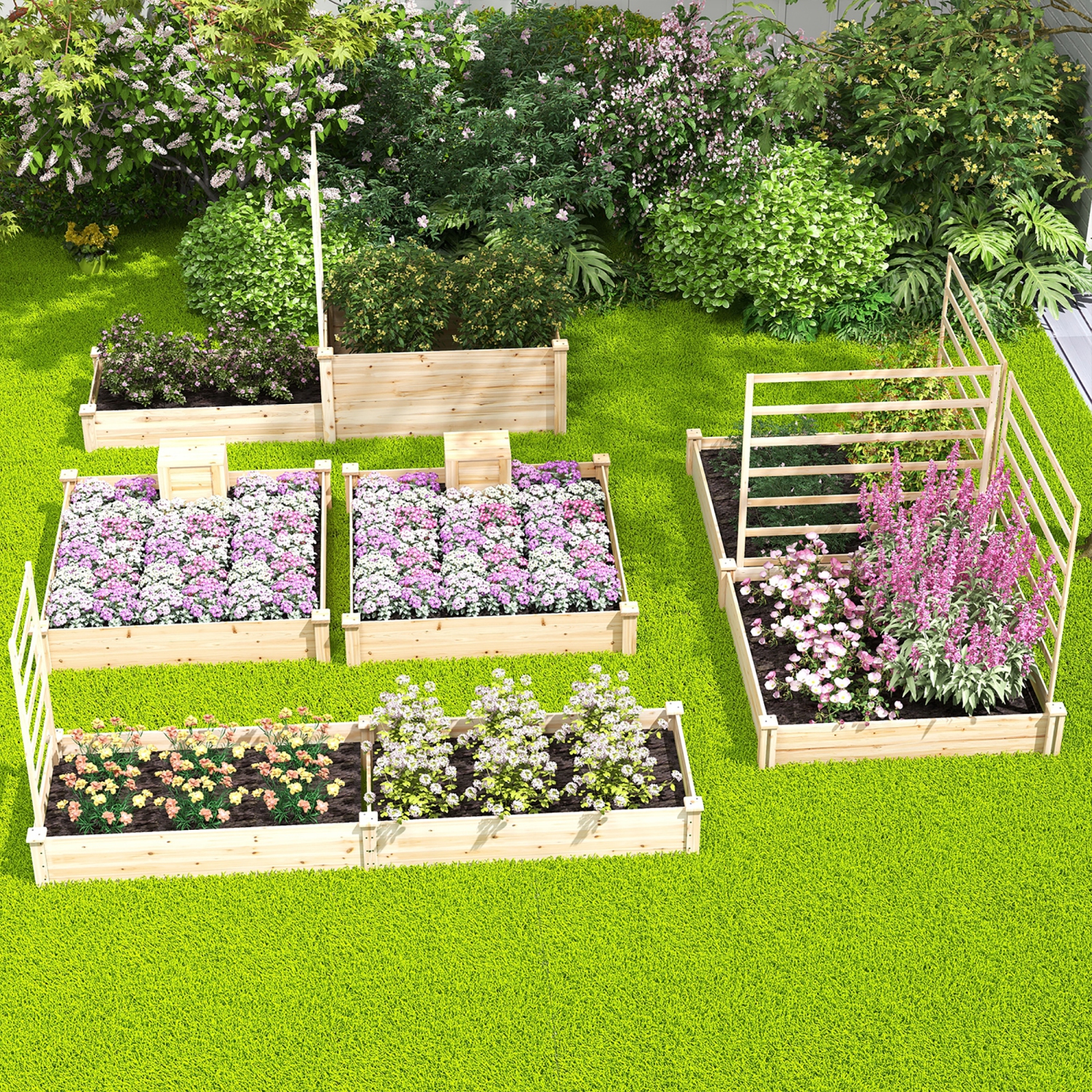 Gymax Raised Fir Wood Garden Bed 49" x 49" x 10" Open Base Garden Bed w/ Composting Bin