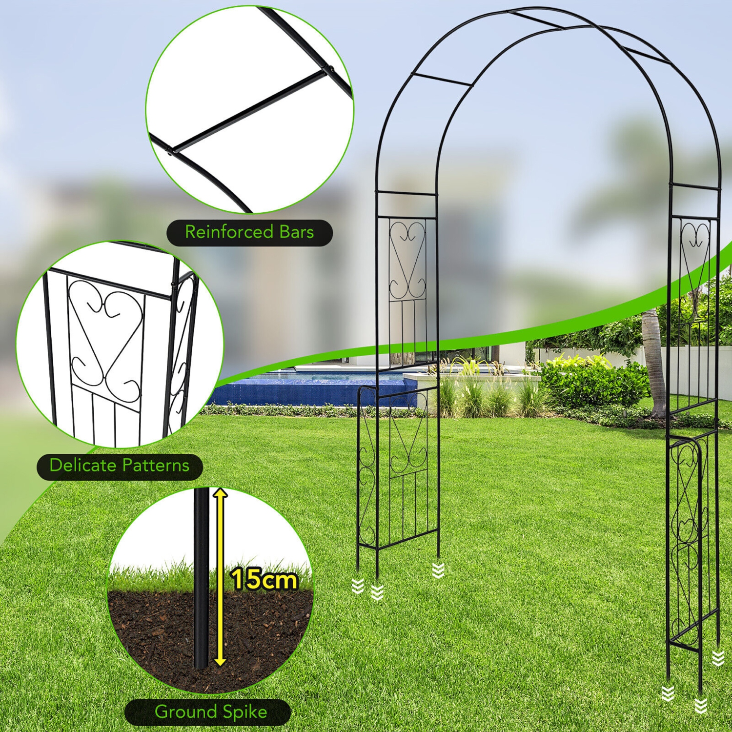 Gymax Metal Garden Arch 7.9 FT Backdrop Stand for Various Climbing Plants Party Black