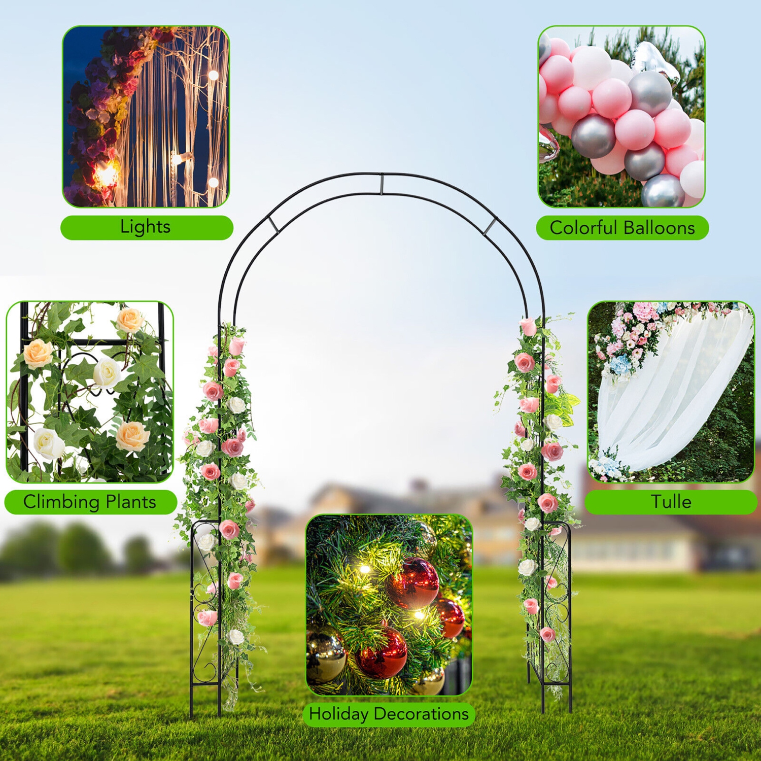 Gymax Metal Garden Arch 7.9 FT Backdrop Stand for Various Climbing Plants Party Black