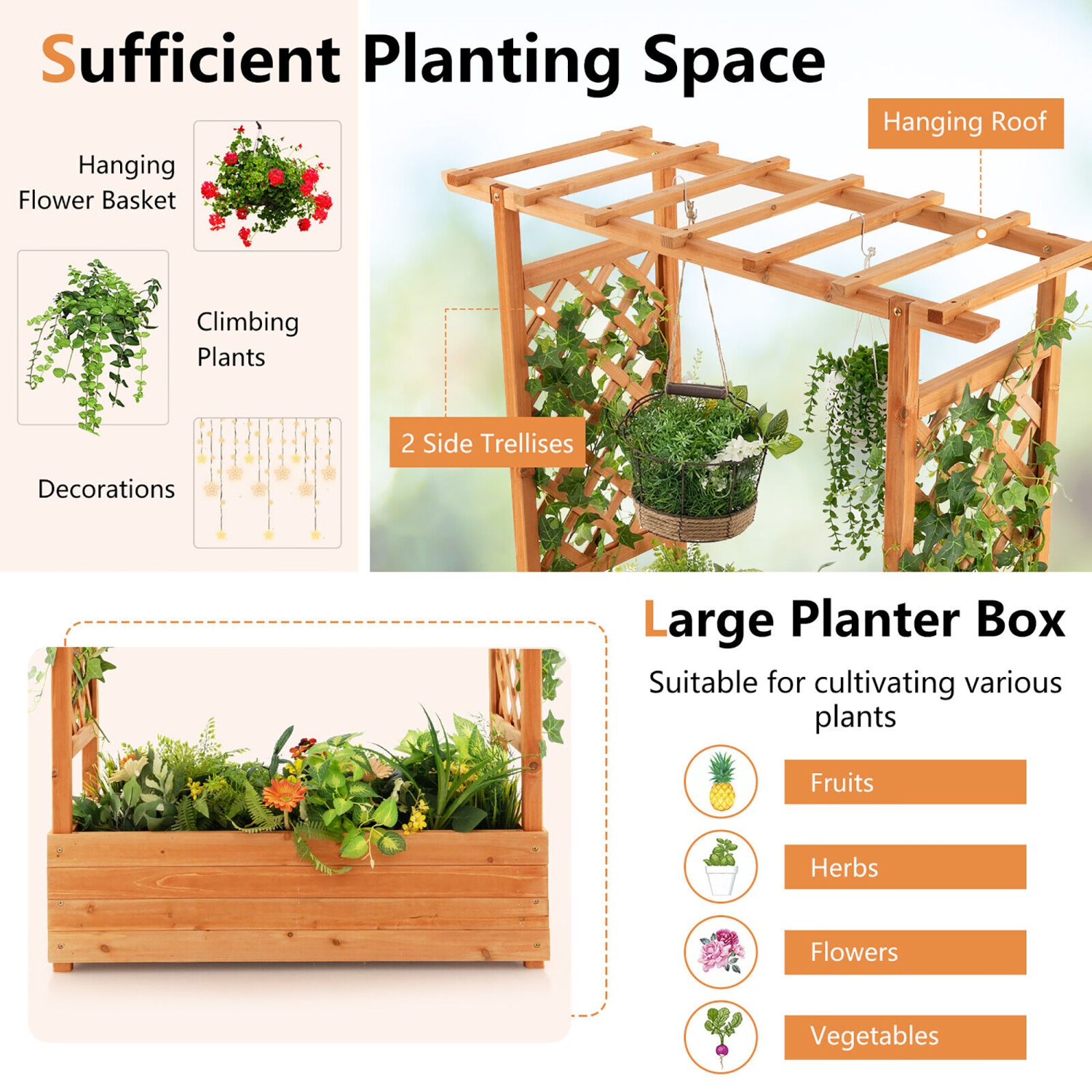 Gymax 2PCS Raised Garden Bed Planter Box w/ Side & Top Trellis for Vine Climbing Plants