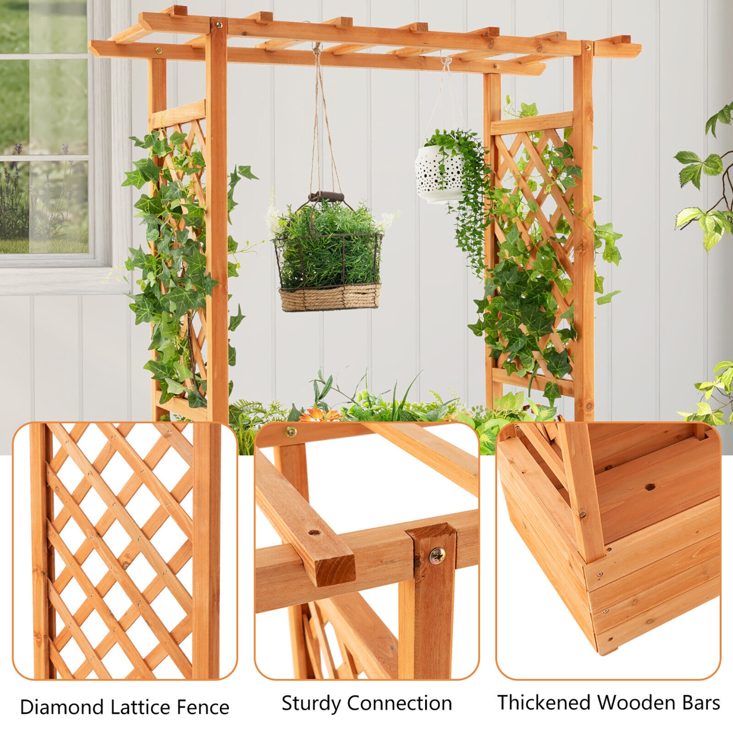 Gymax 2PCS Raised Garden Bed Planter Box w/ Side & Top Trellis for Vine Climbing Plants