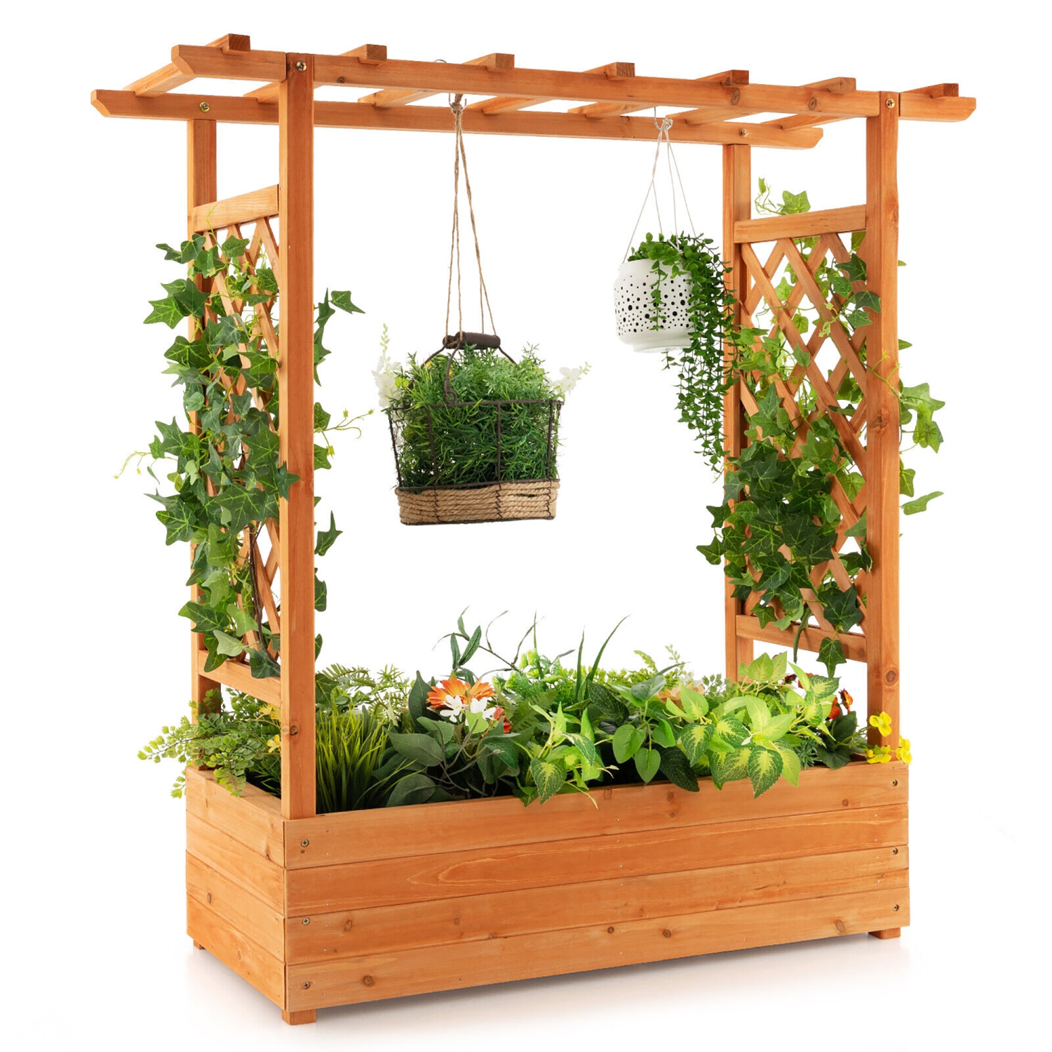 Gymax 2PCS Raised Garden Bed Planter Box w/ Side & Top Trellis for Vine Climbing Plants