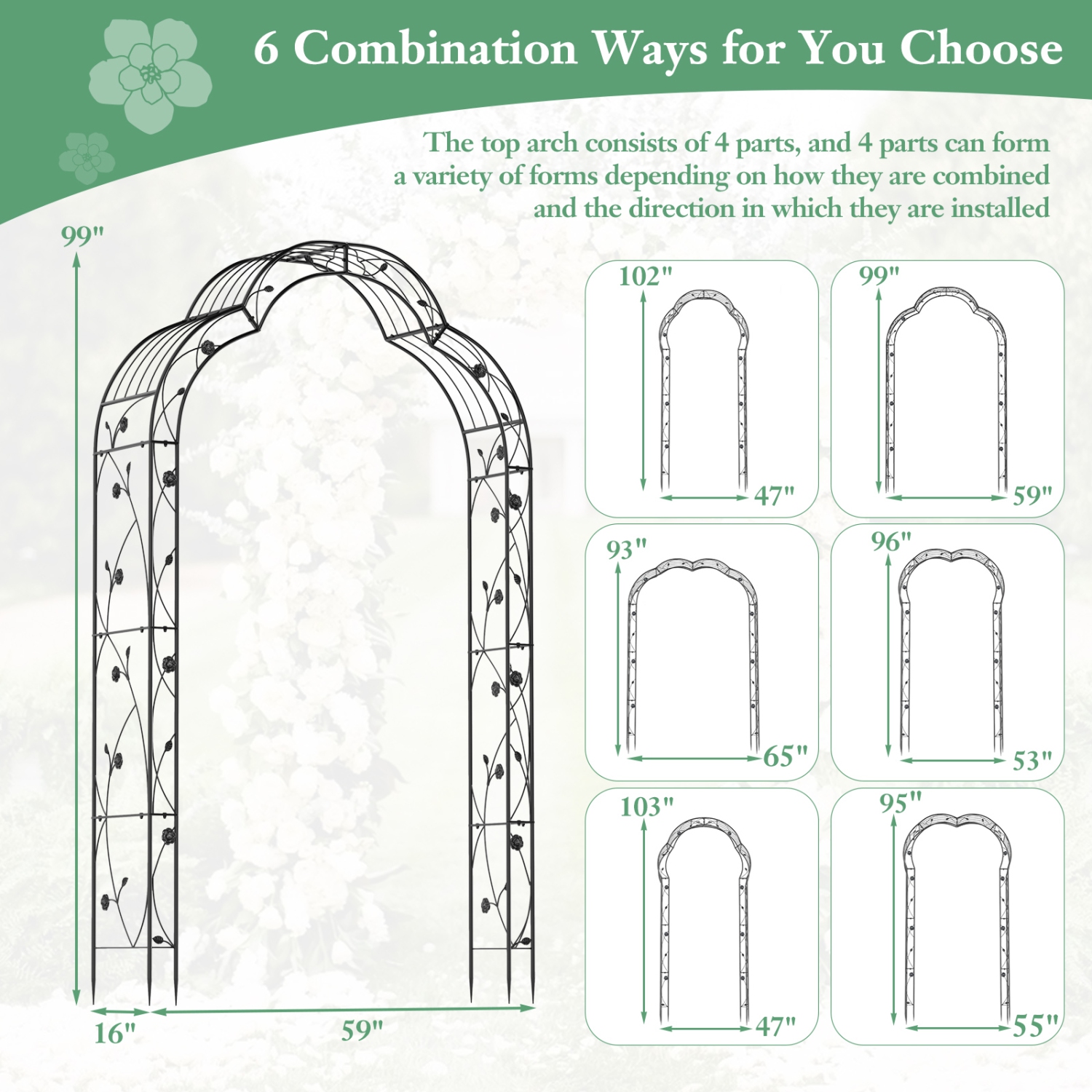 Gymax 99'' Tall Garden Arch Arbor Trellis w/6 Combination Ways & 2 Installation Methods