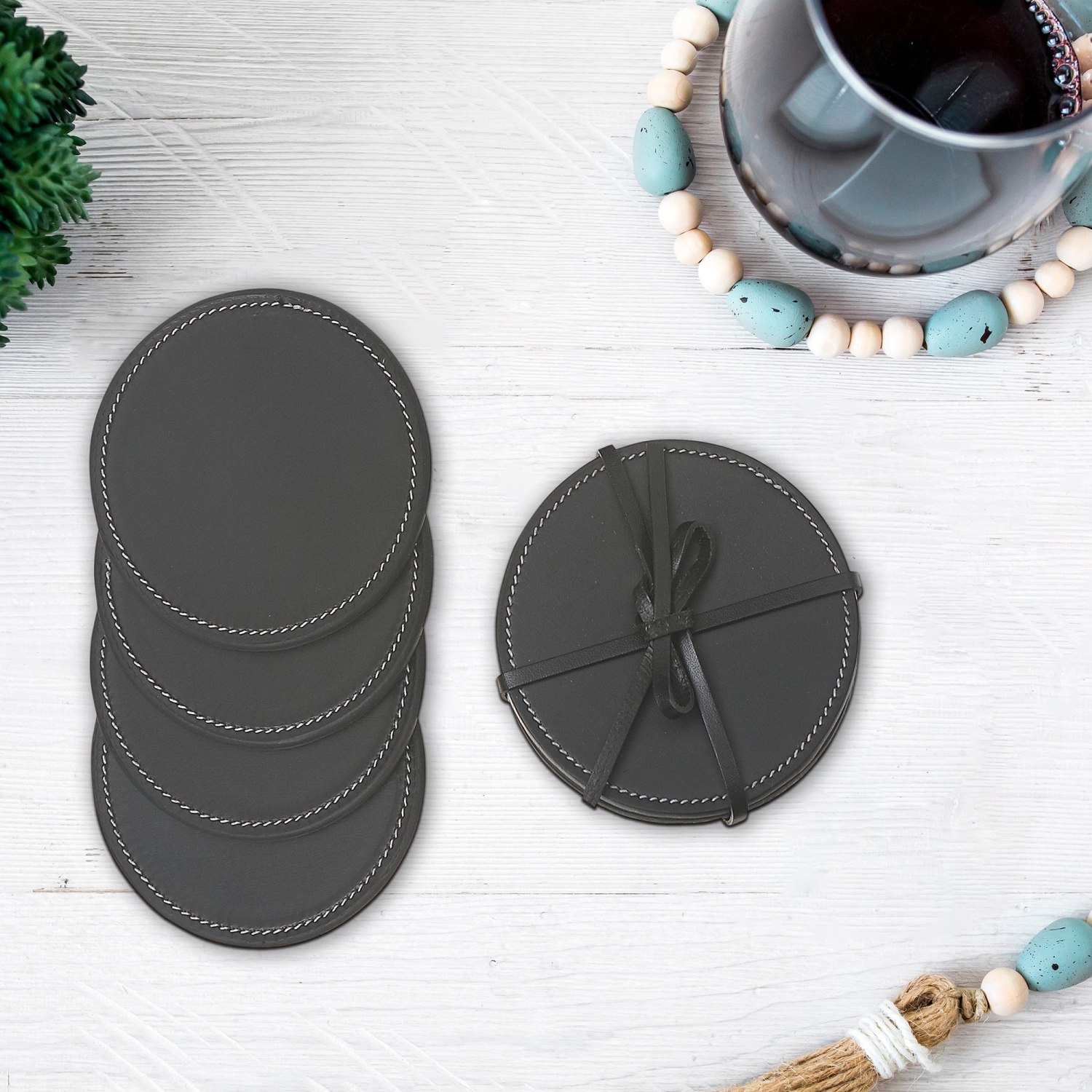 Maison Concepts 4PC Round Genuine Leather Coasters Black