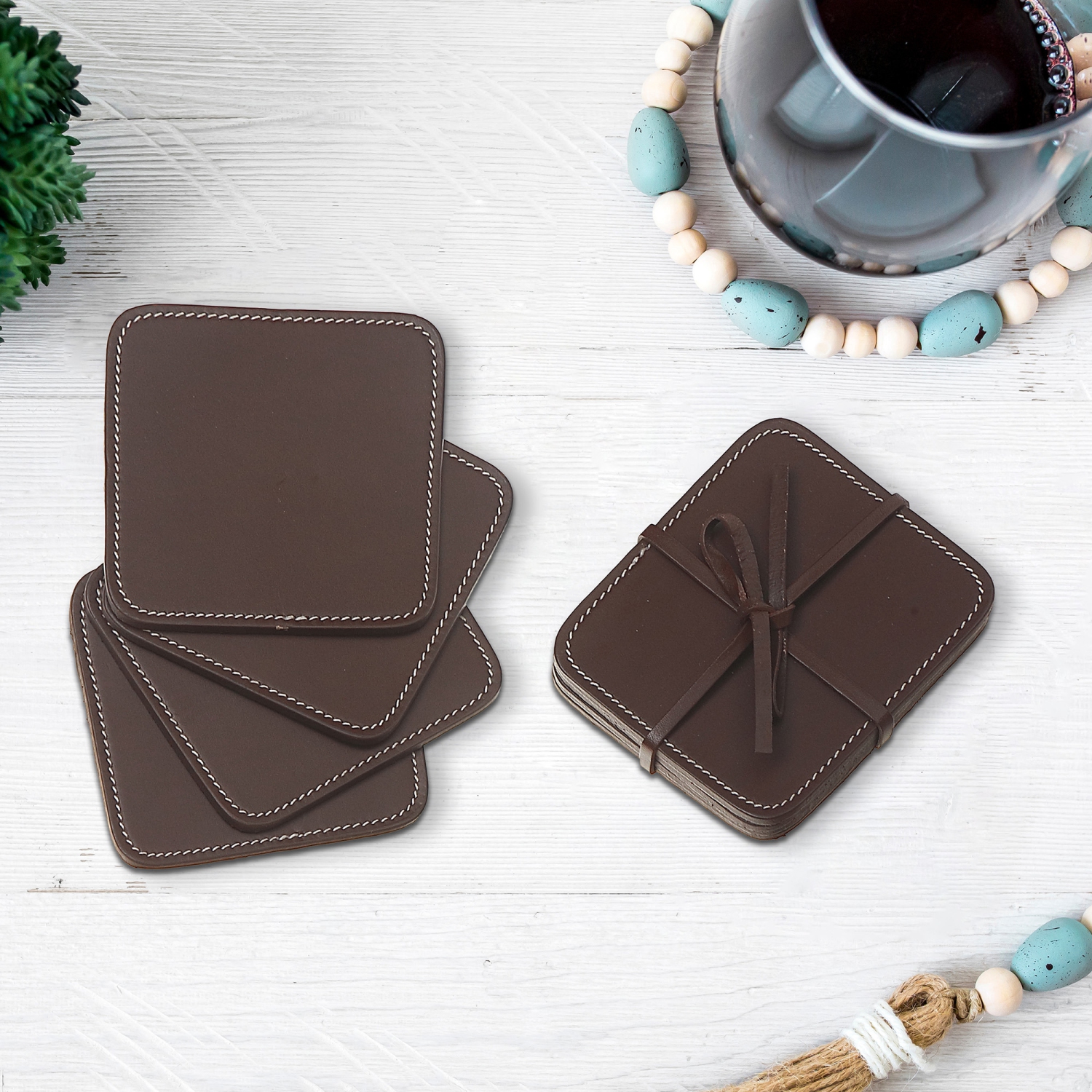 Maison Concepts 4PC Square Genuine Leather Coasters Tan