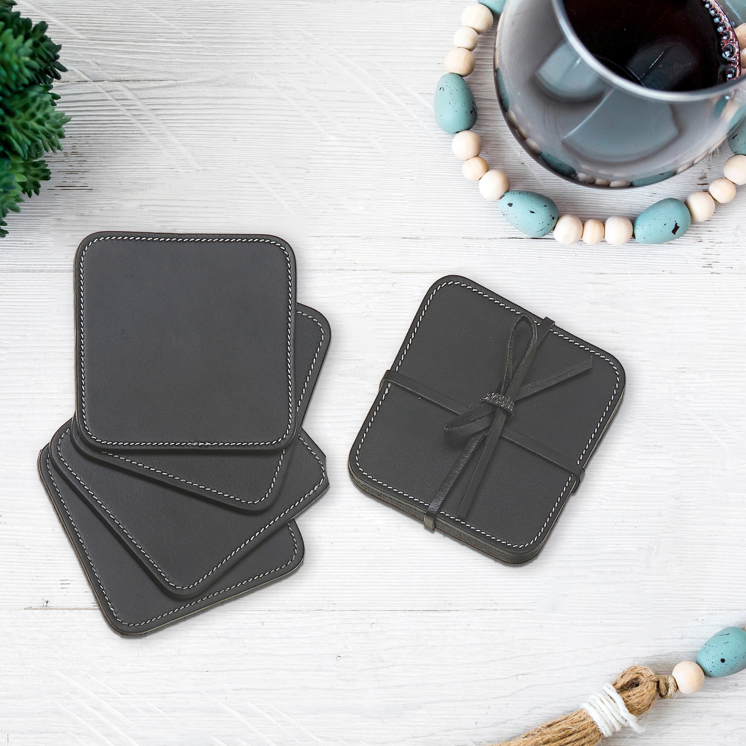 Maison Concepts 4PC Square Genuine Leather Coasters Black