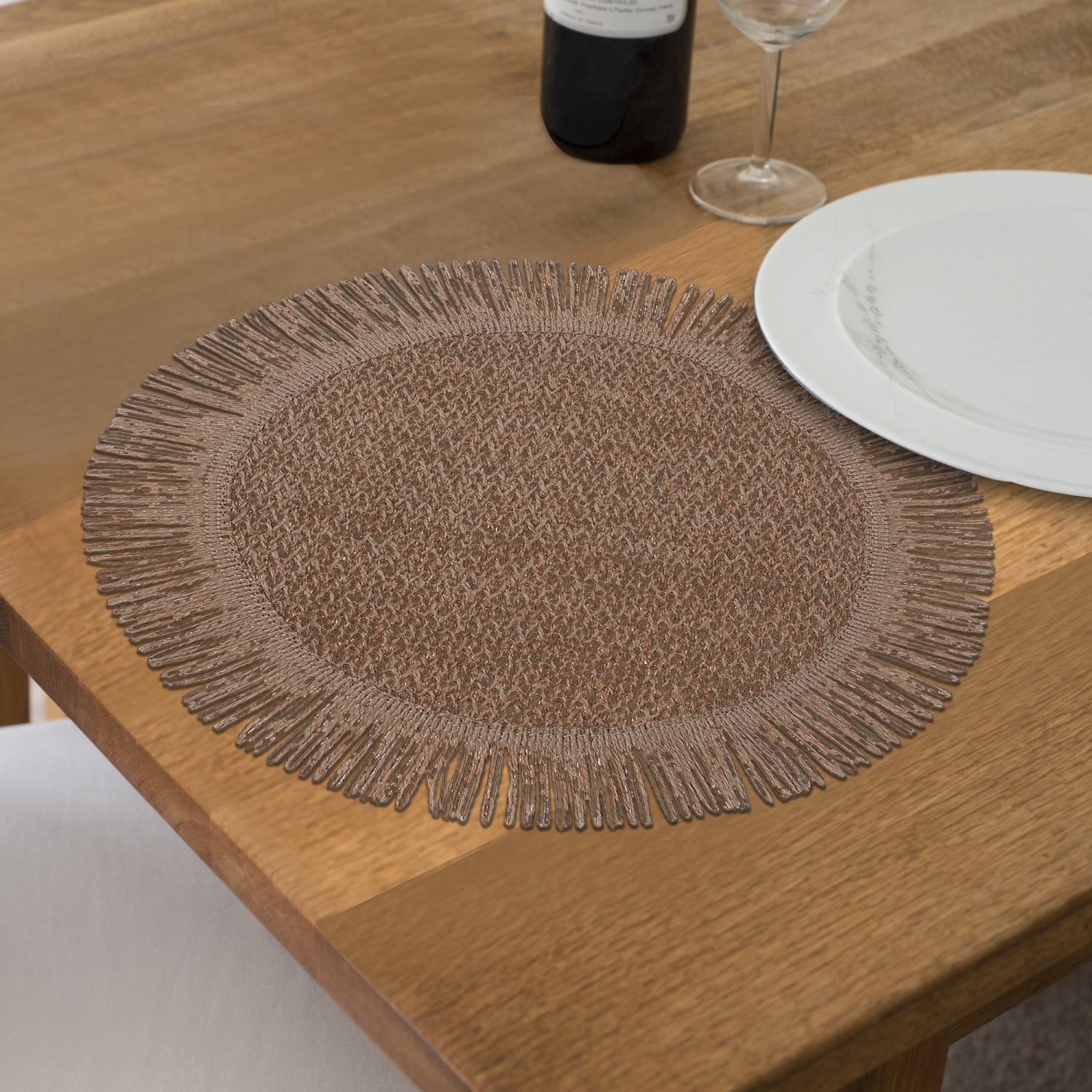 Maison Concepts Woven Round Placemat With Fringes Beige 15 X 15 - Set of 12