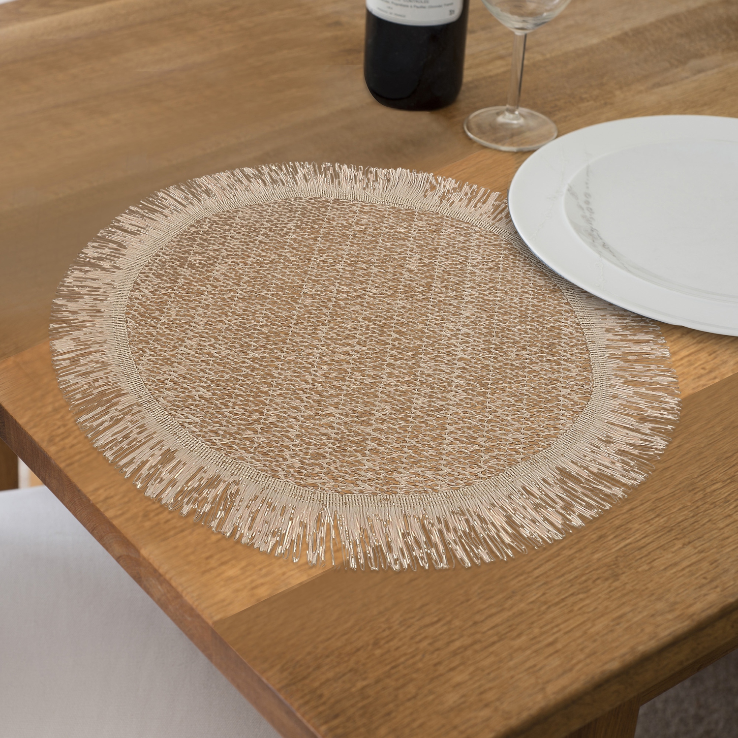 Maison Concepts Woven Round Placemat With Fringes Camel 15 X 15 - Set of 12