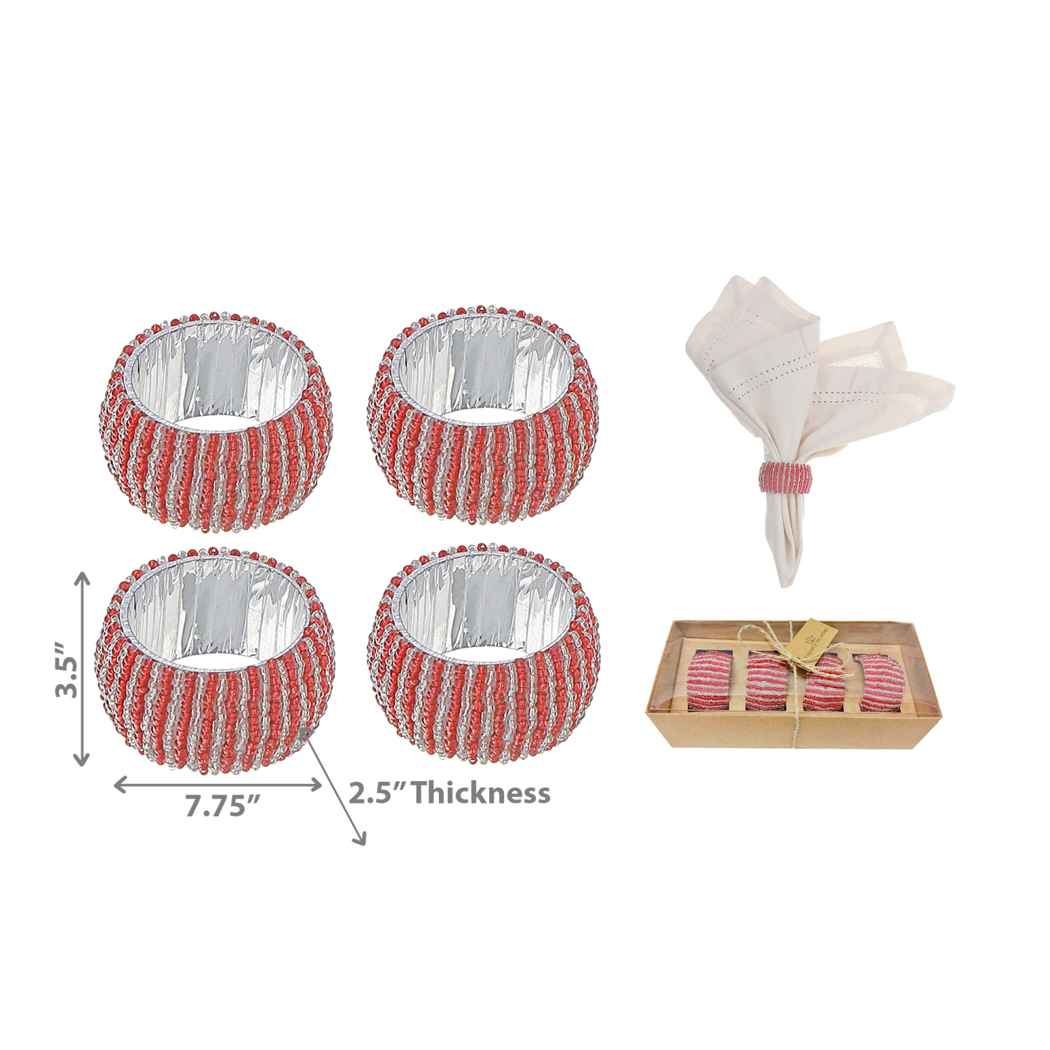 Maison Concepts 4PC Beaded Napkin Ring With Craft Box Red & Silver