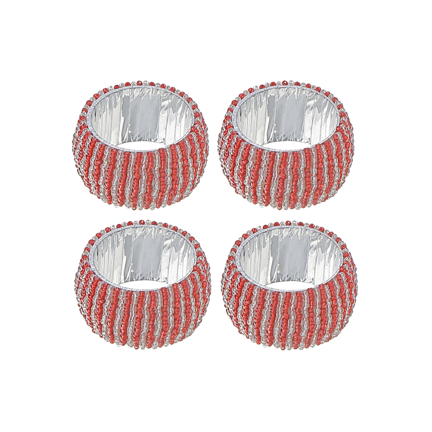 Maison Concepts 4PC Beaded Napkin Ring With Craft Box Red & Silver