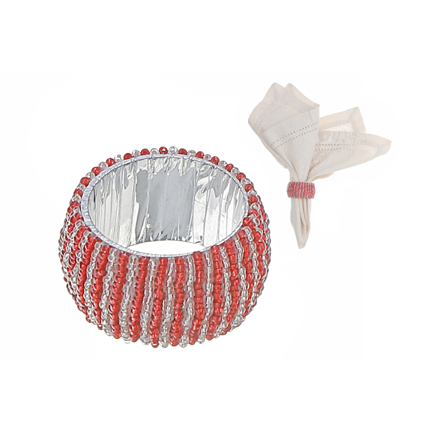Maison Concepts 4PC Beaded Napkin Ring With Craft Box Red & Silver