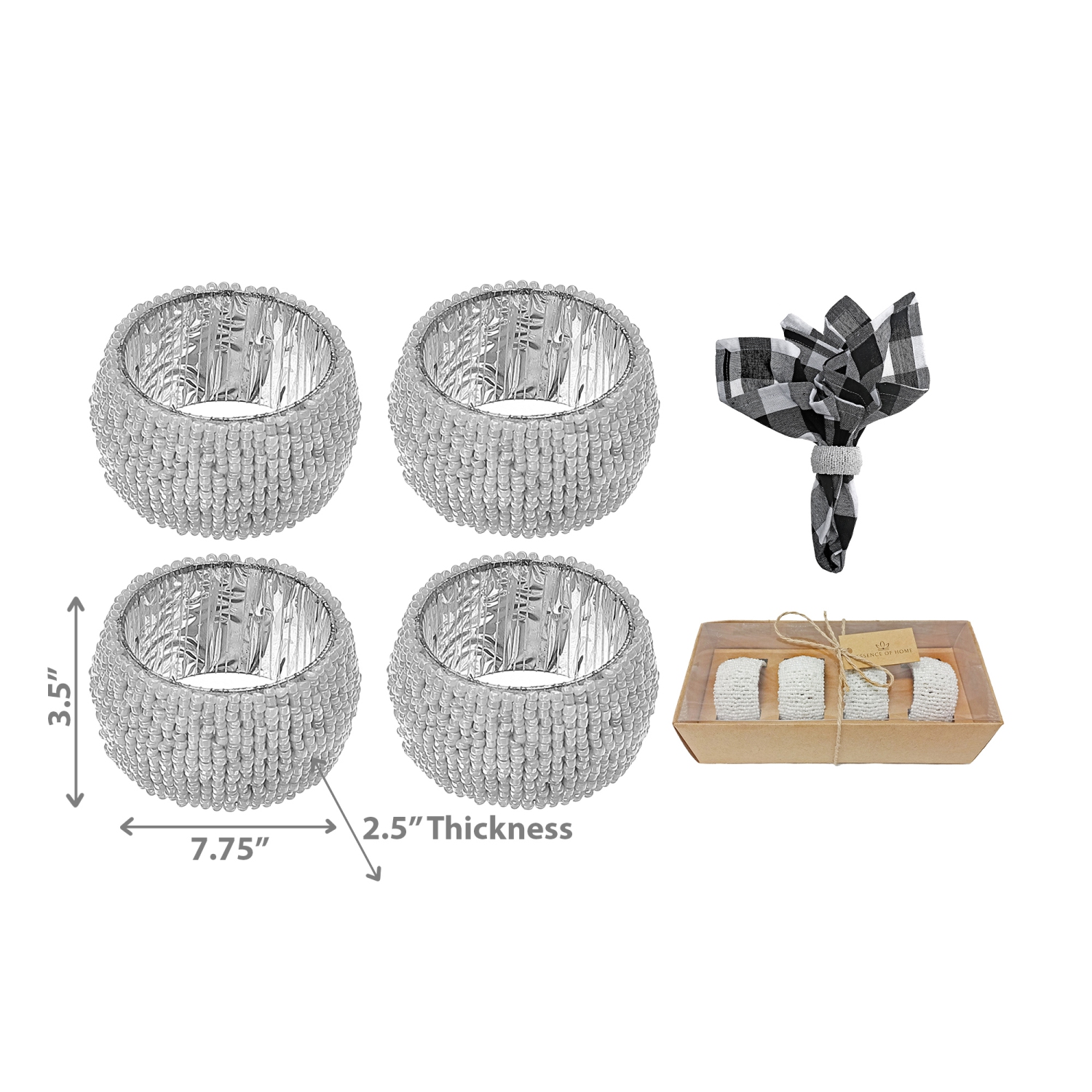 Maison Concepts 4PC Beaded Napkin Ring With Craft Box White