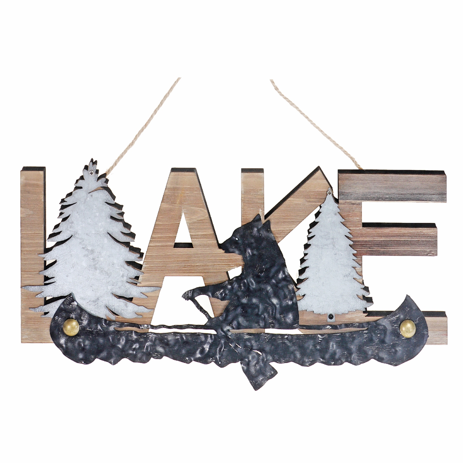 Maison Concepts Wooden Lake & Metal Bear On Canoe Wall Decor