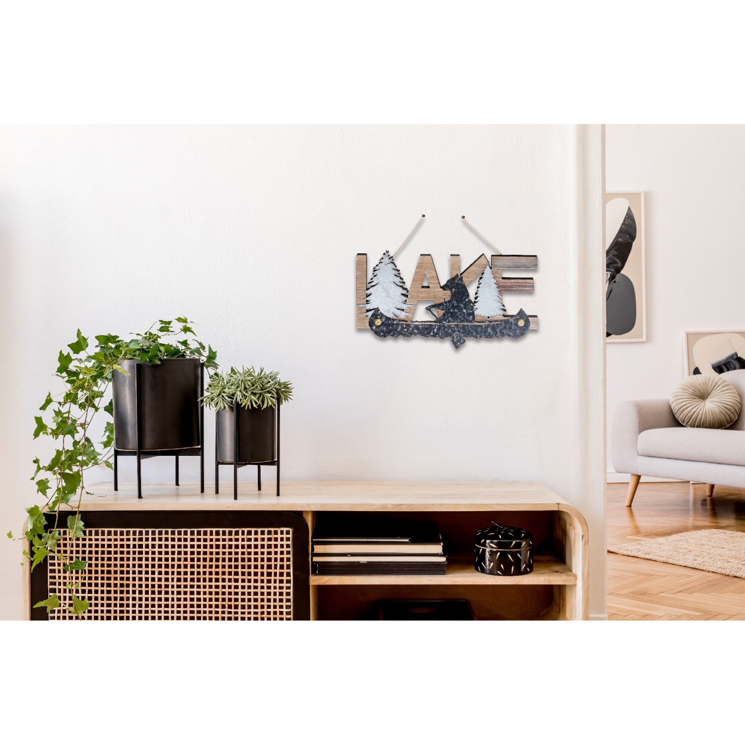 Maison Concepts Wooden Lake & Metal Bear On Canoe Wall Decor