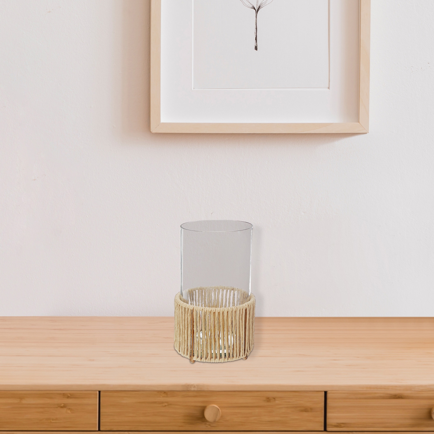 Maison concepts – porte-bougie en verre Hurrican avec base en métal et en raffia, 10 po