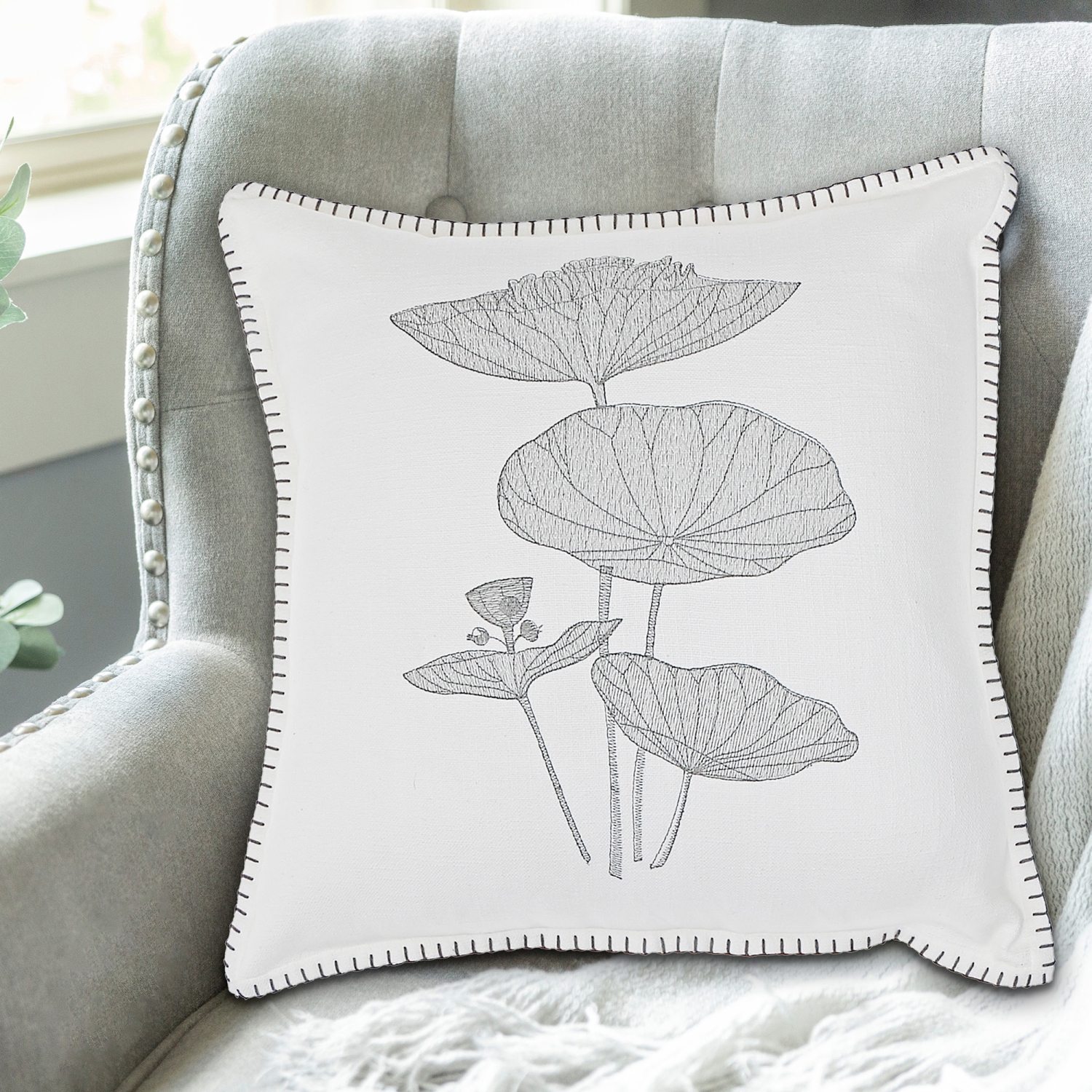 Maison Concepts Blanket Stitch Embroidered Cushion Lotus Leaf 18 X 18 - Set of 2