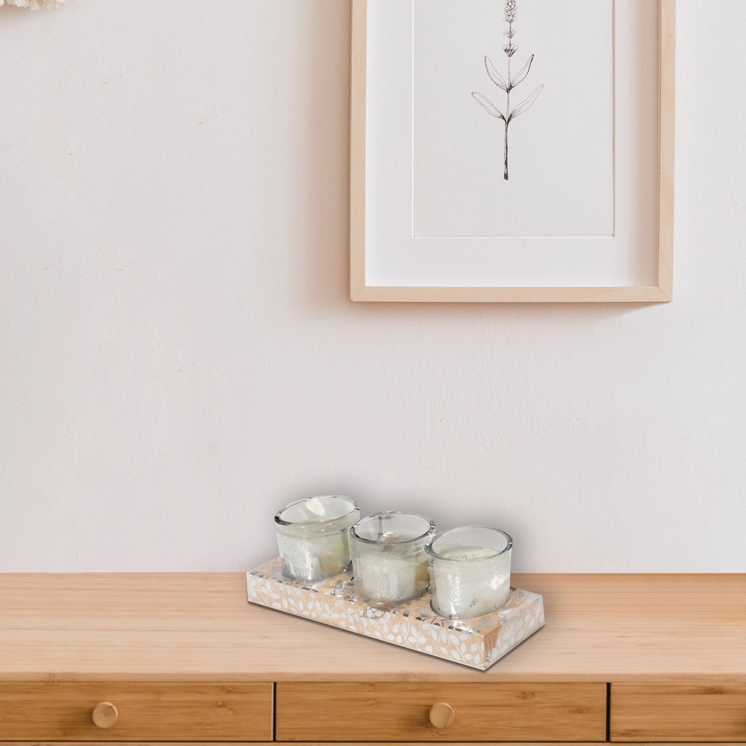 Maison concepts – Ensemble de 3 bougies en verre court dans une boîte en PVC, arbre de vie