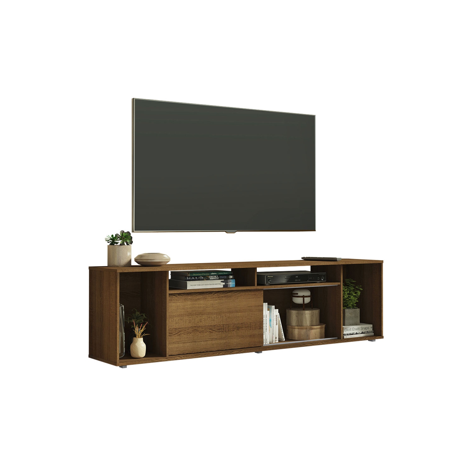 Madesa Large Entertainment Center with 1 Sliding Door, 5 Shelves and Open Shelves for 65, 75 Inch Media Storage Gaming Media Console Modern Wooden