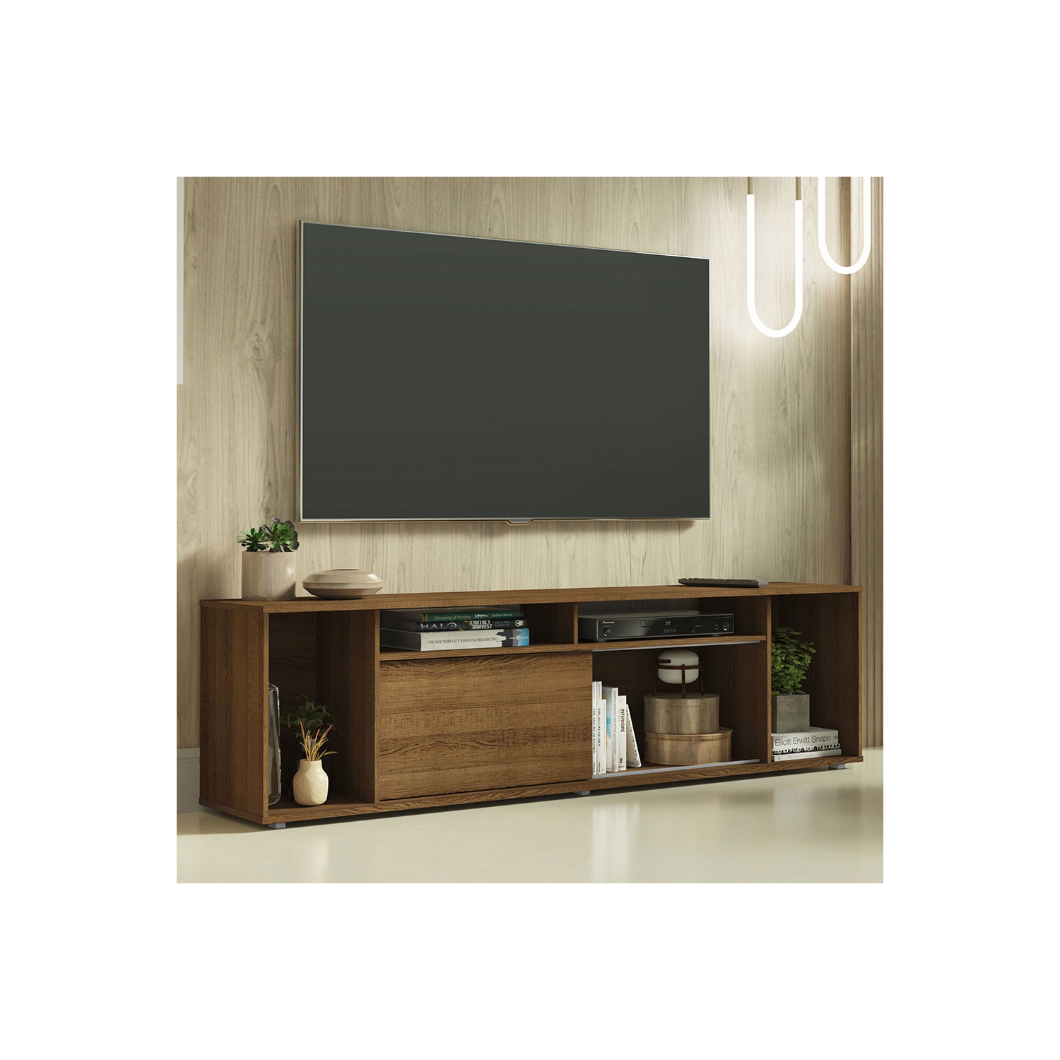 Madesa Large Entertainment Center with 1 Sliding Door, 5 Shelves and Open Shelves for 65, 75 Inch Media Storage Gaming Media Console Modern Wooden