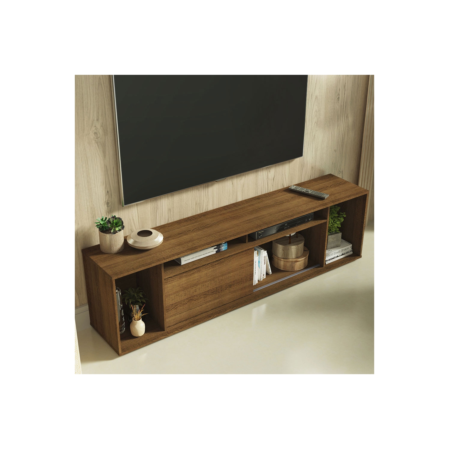 Madesa Large Entertainment Center with 1 Sliding Door, 5 Shelves and Open Shelves for 65, 75 Inch Media Storage Gaming Media Console Modern Wooden