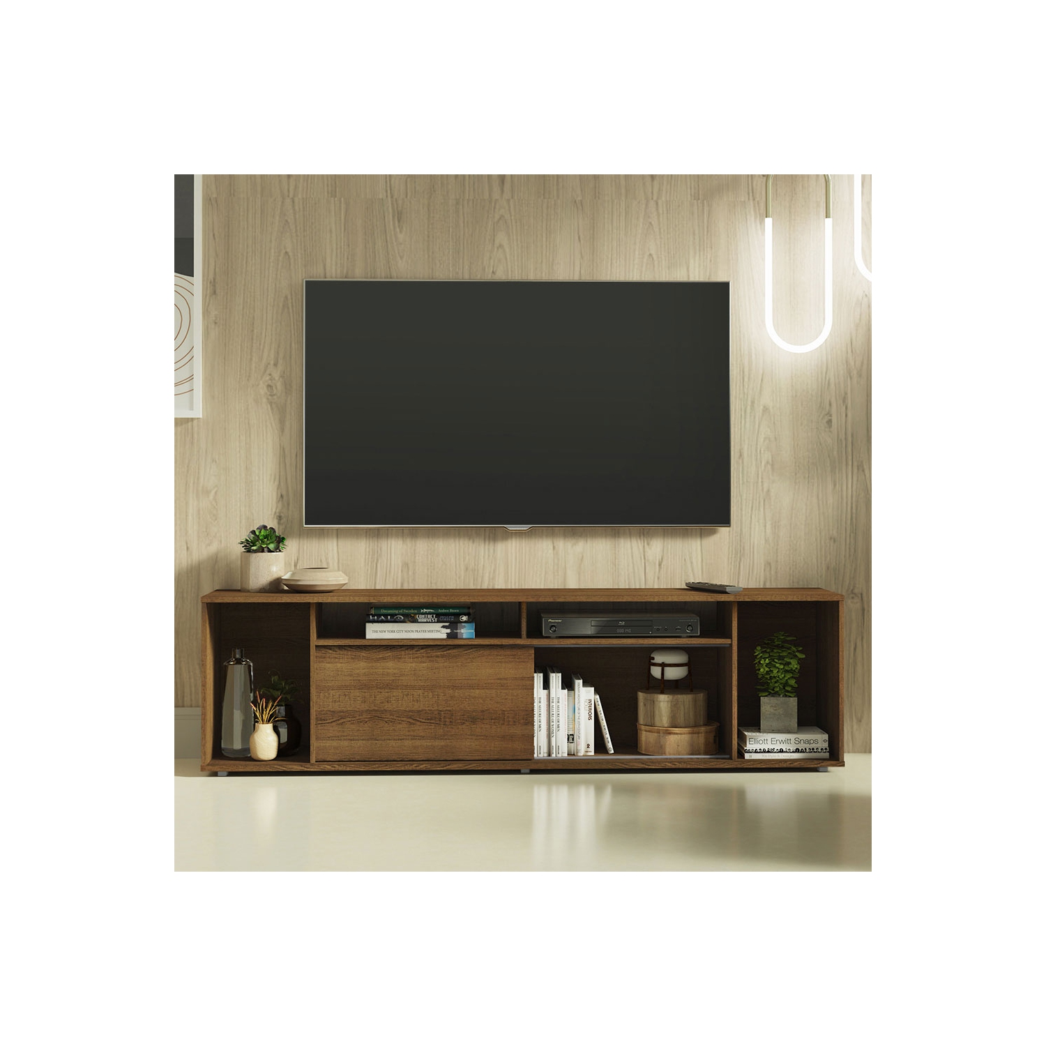 Madesa Large Entertainment Center with 1 Sliding Door, 5 Shelves and Open Shelves for 65, 75 Inch Media Storage Gaming Media Console Modern Wooden