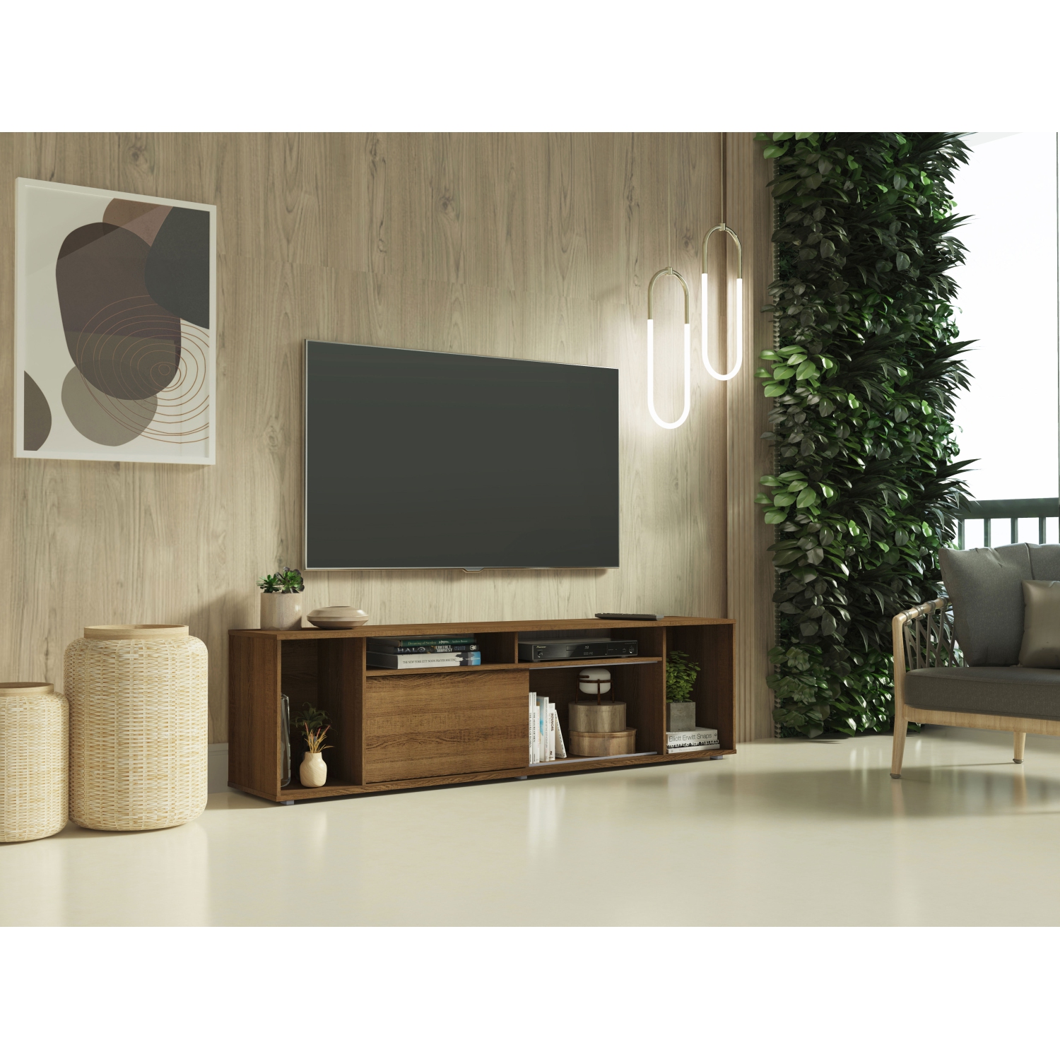 Madesa Large Entertainment Center with 1 Sliding Door, 5 Shelves and Open Shelves for 65, 75 Inch Media Storage Gaming Media Console Modern Wooden