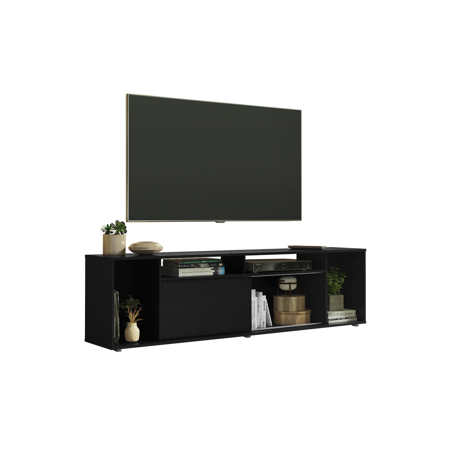 Madesa Large Entertainment Center with 1 Sliding Door, 5 Shelves and Open Shelves for 65, 75 Inch Media Storage Gaming Media Console Modern Wooden