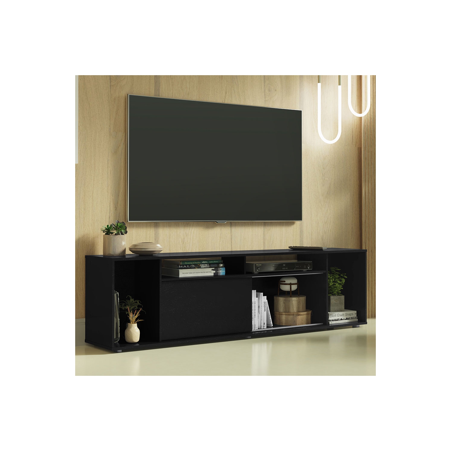 Madesa Large Entertainment Center with 1 Sliding Door, 5 Shelves and Open Shelves for 65, 75 Inch Media Storage Gaming Media Console Modern Wooden