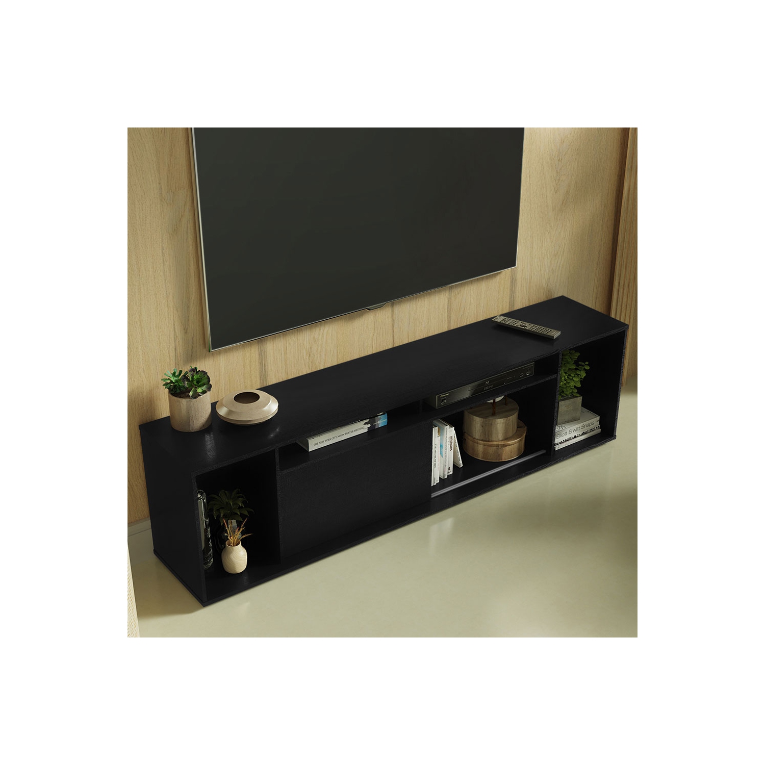 Madesa Large Entertainment Center with 1 Sliding Door, 5 Shelves and Open Shelves for 65, 75 Inch Media Storage Gaming Media Console Modern Wooden