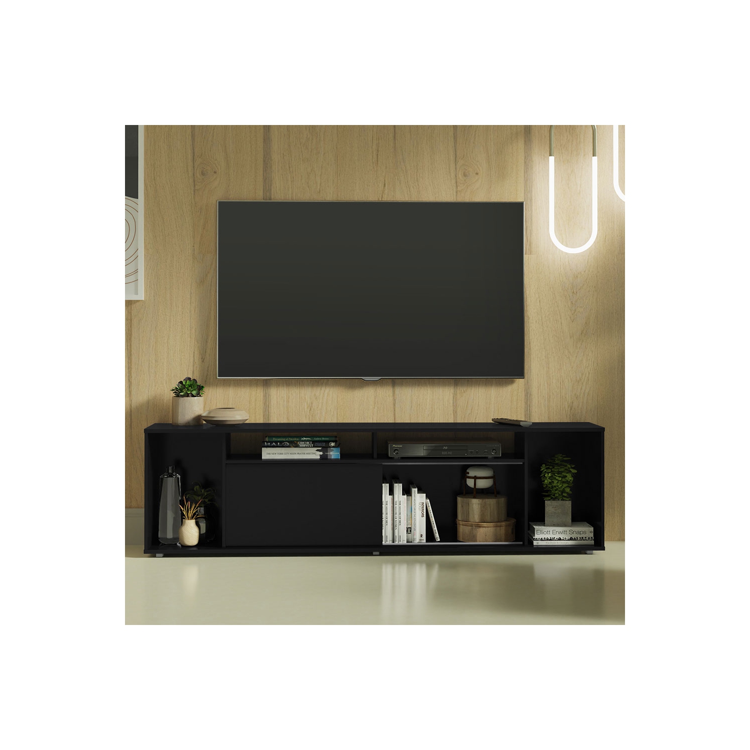 Madesa Large Entertainment Center with 1 Sliding Door, 5 Shelves and Open Shelves for 65, 75 Inch Media Storage Gaming Media Console Modern Wooden