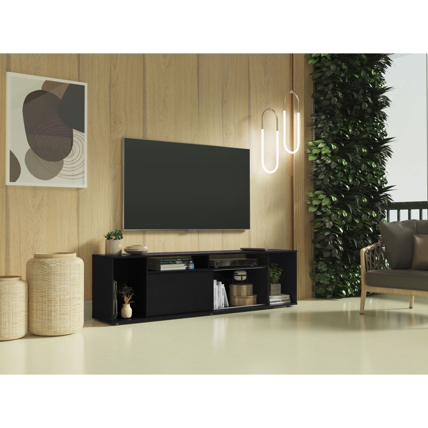 Madesa Large Entertainment Center with 1 Sliding Door, 5 Shelves and Open Shelves for 65, 75 Inch Media Storage Gaming Media Console Modern Wooden