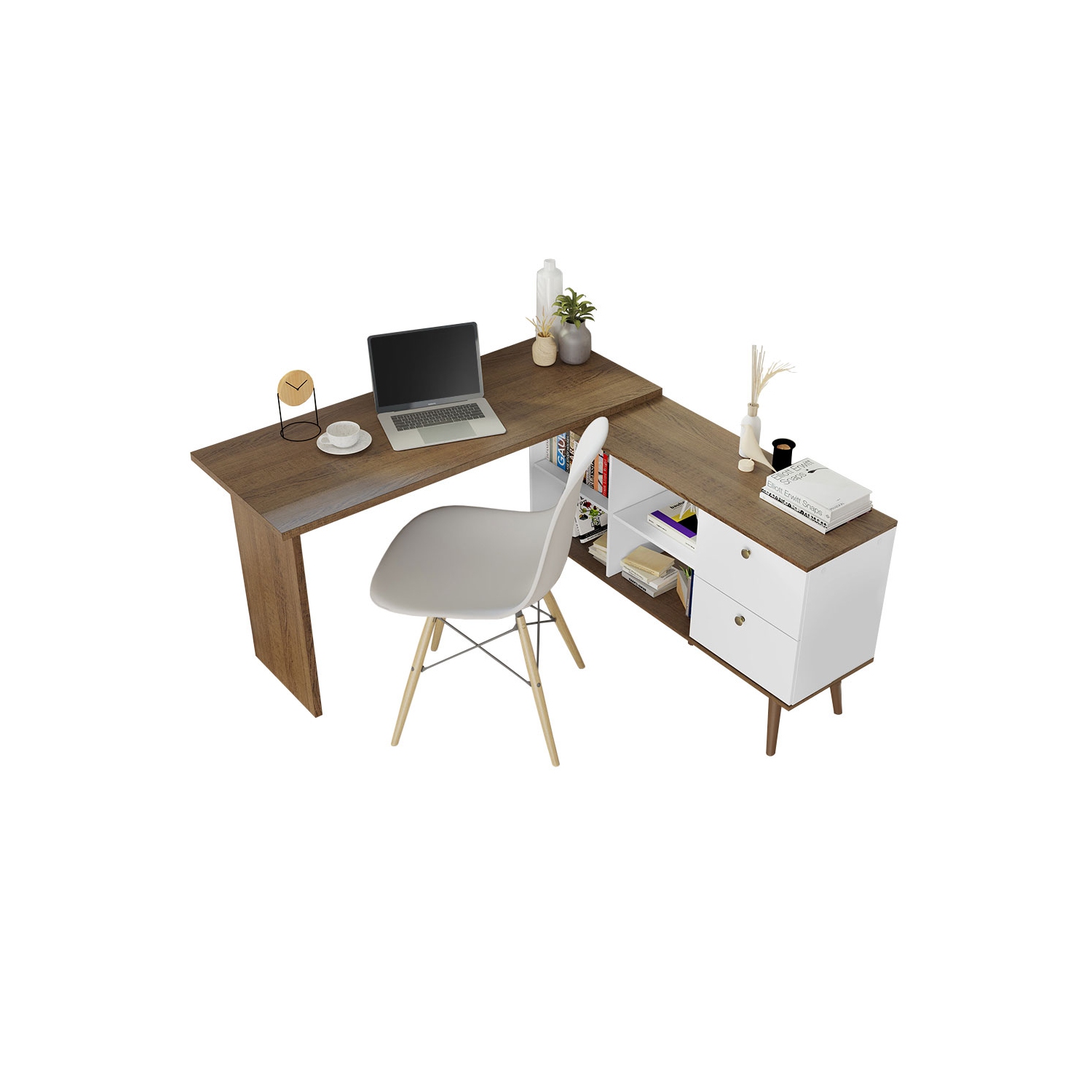 Madesa Modern L Shaped Desk 59 Inch with 2 Drawers and 4 Storage Shelves Home Office Corner Study Table Unit for Kids and Adults - White/Brown